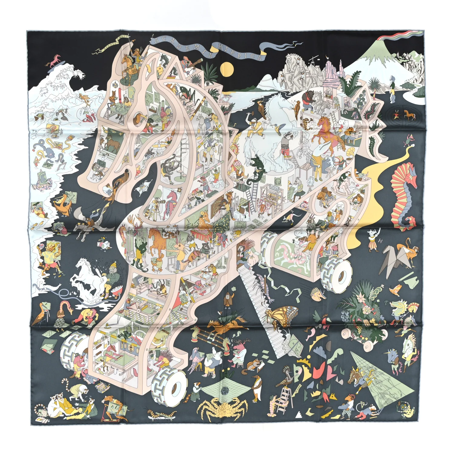 Silk Academia Hippica Scarf 90 Black Ardoise Rose