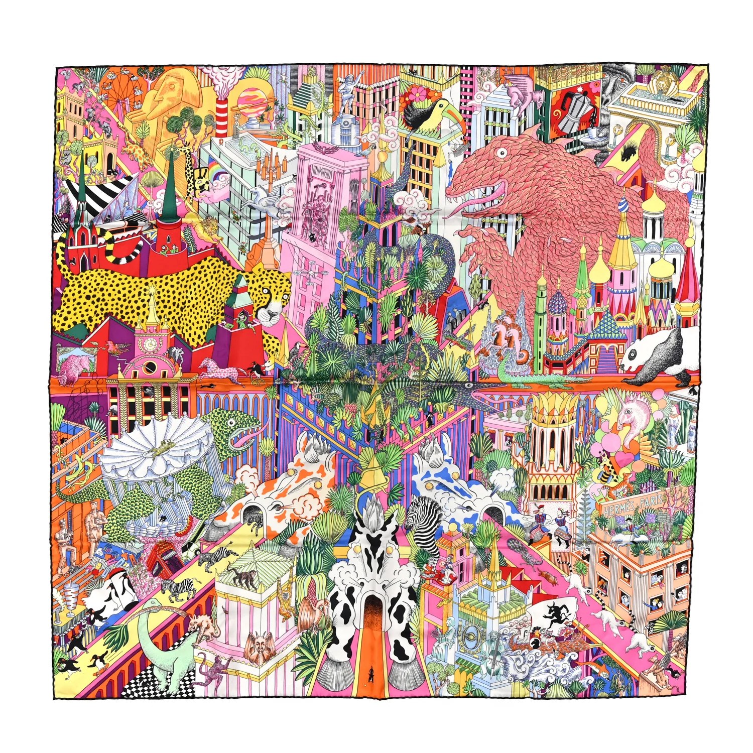 Silk Animapolis Scarf 90 Jaune Vif Vert Rose