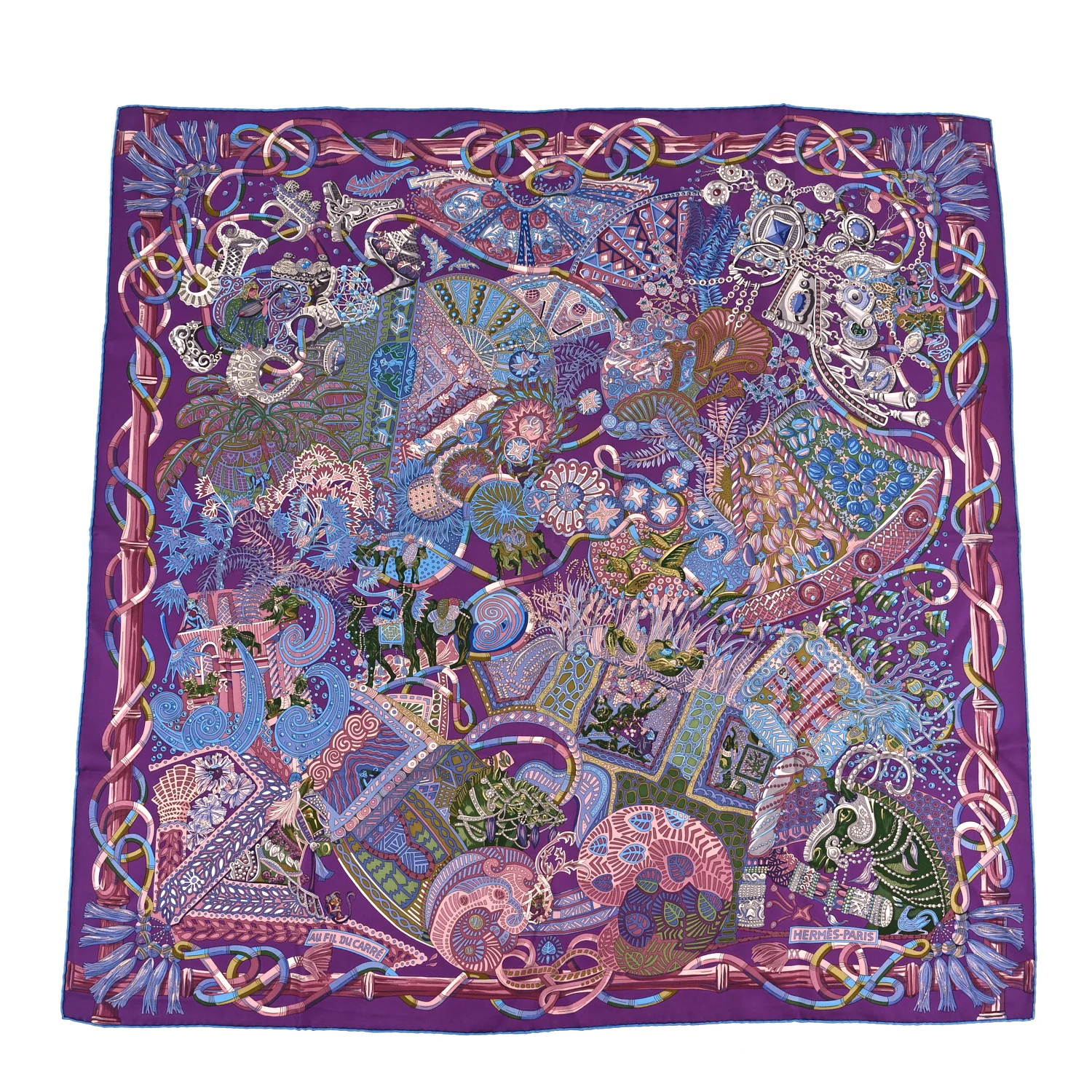 Silk Au Fil Du Carre Scarf 90 Violet Vieux Rose Vert