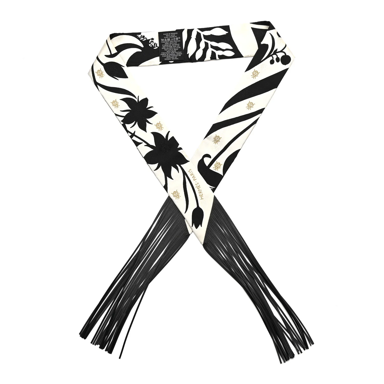 Silk Calfskin Bouquet Final Fringed Twilly Creme Black