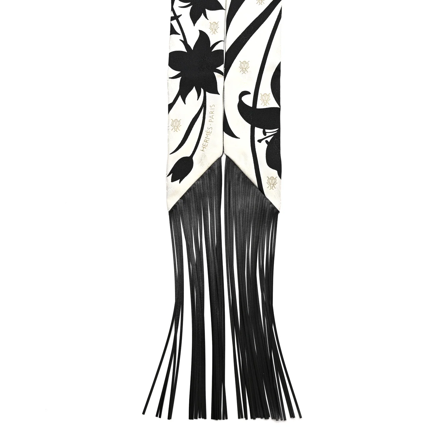 Silk Calfskin Bouquet Final Fringed Twilly Creme Black - Image 2