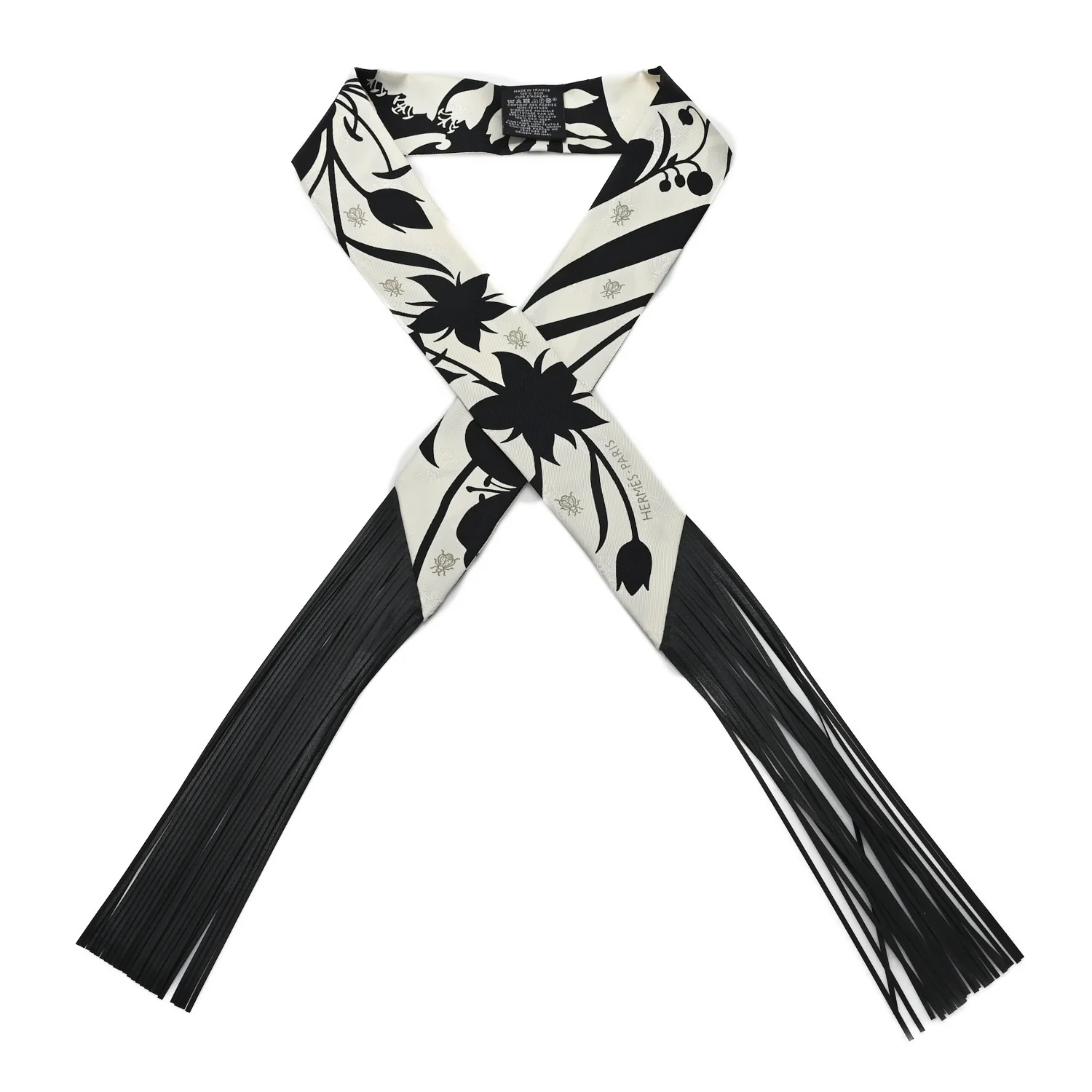Silk Calfskin Bouquet Final Fringed Twilly Creme Black