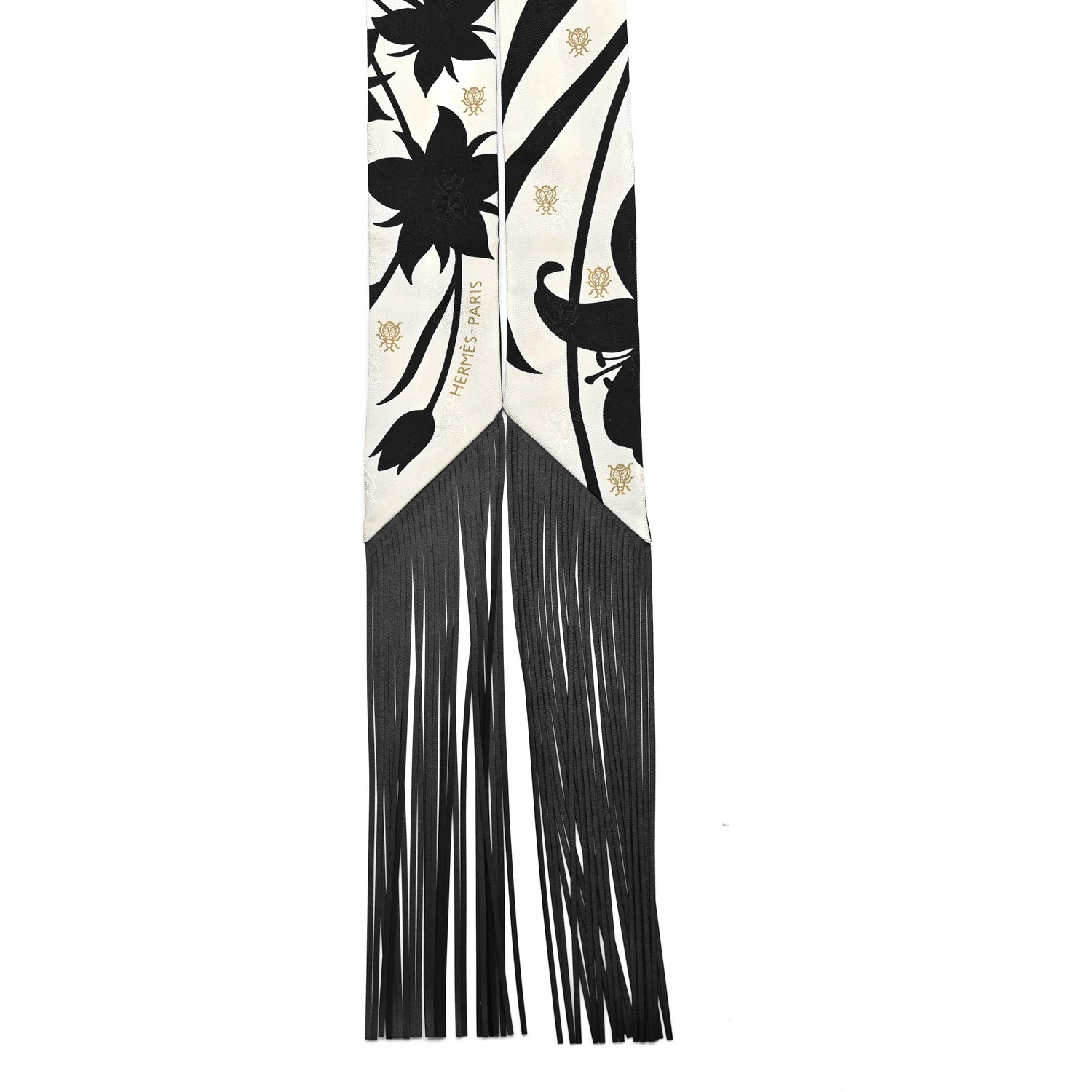 Silk Calfskin Bouquet Final Fringed Twilly Creme Black - Image 2
