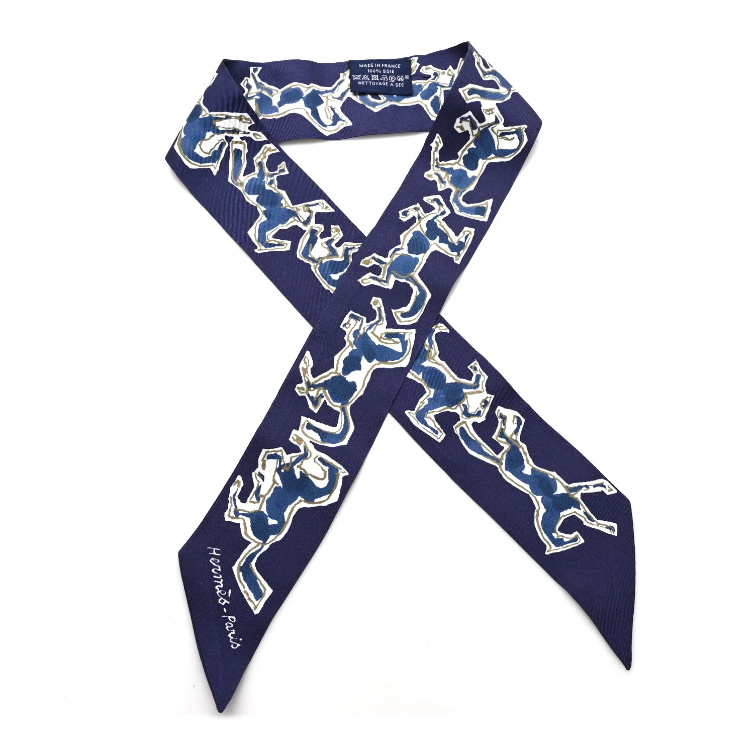 Silk Chevaux En Liberte Twilly Marine Indigo Blanc