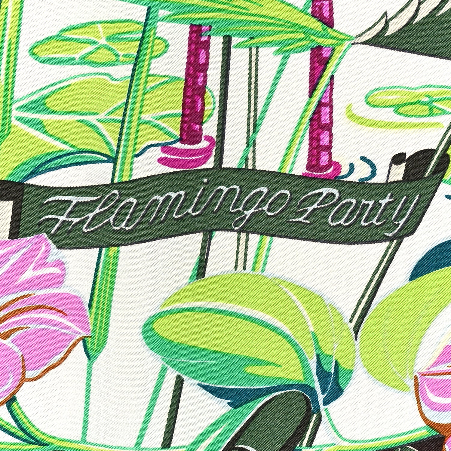 Silk Flamingo Party Shawl 90 White Vert Fuchsia - Image 5