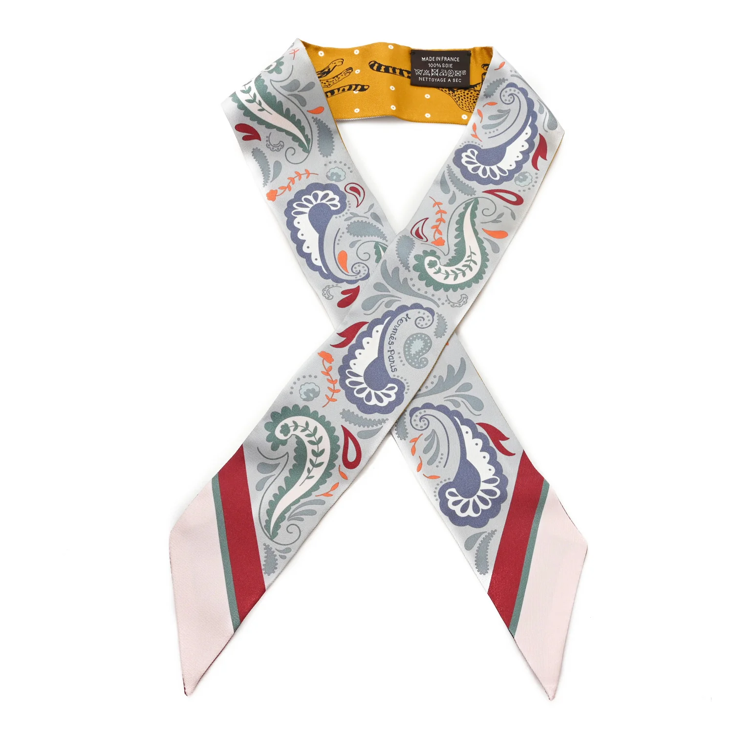 Silk Guepards Bandana Twilly Gris Perle Rouge H