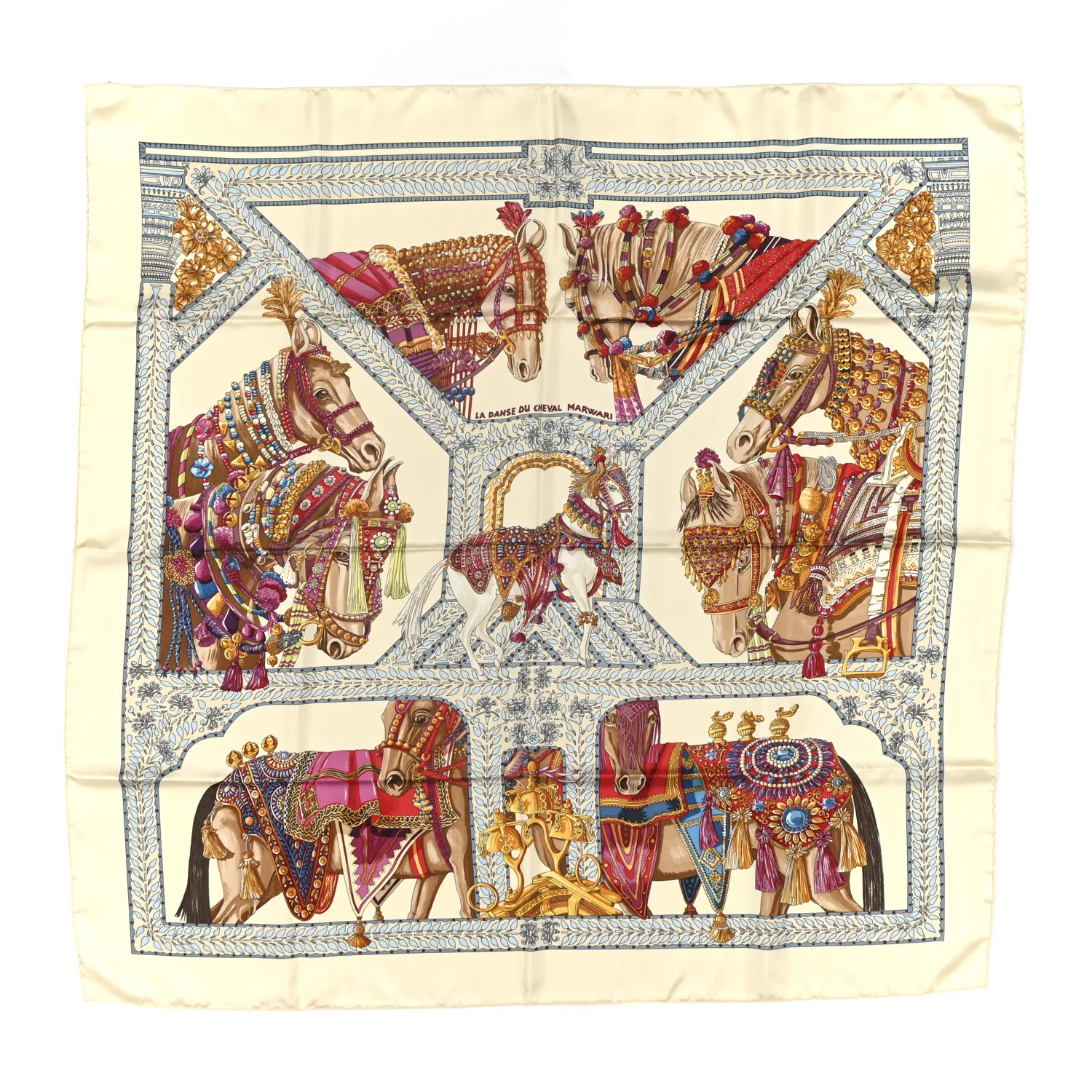 Silk La Danse du Cheval Marwari Scarf 90 Vanille Bleu Gris Multicolor
