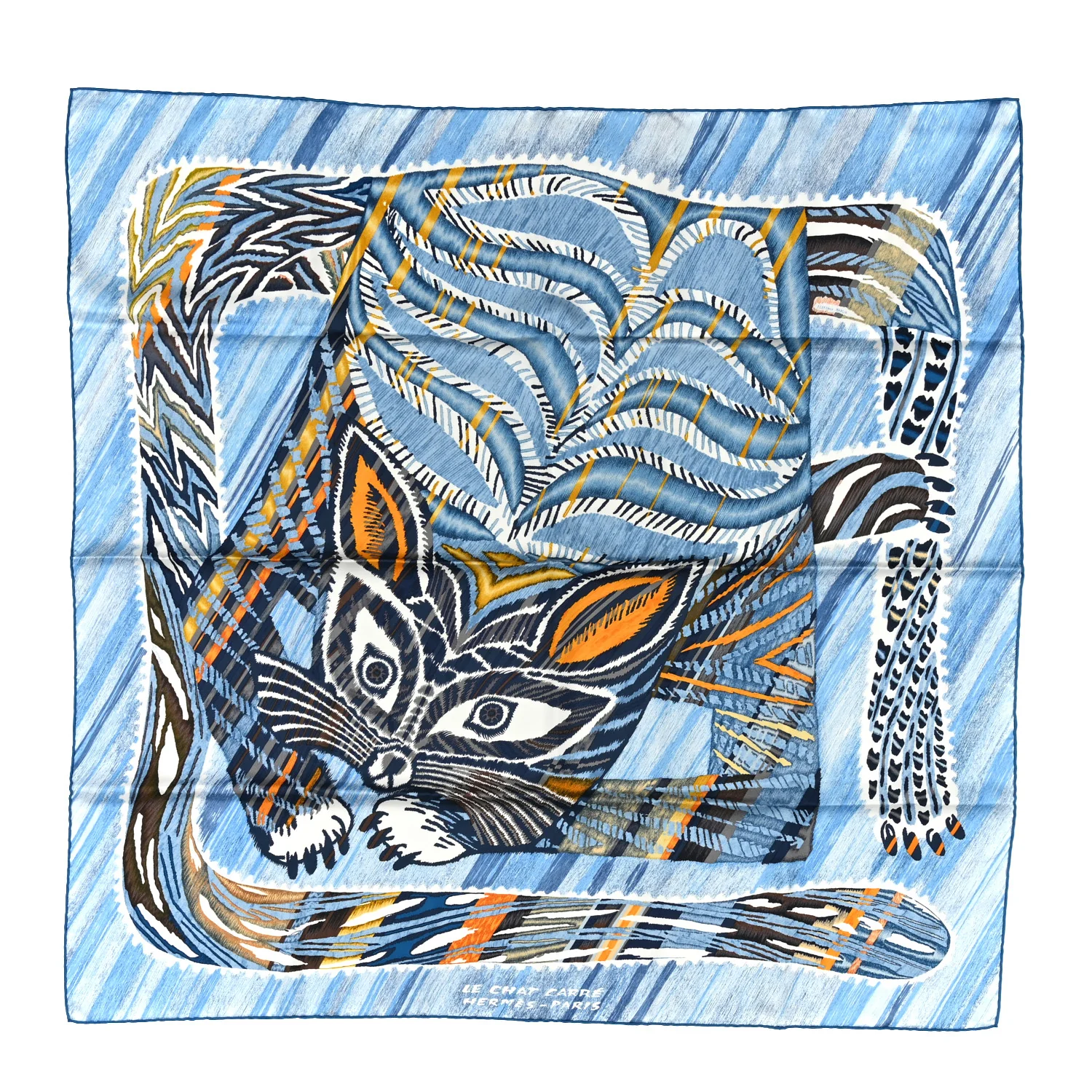 Silk Le Chat Carre Scarf 90 Bleu Caramel White - Image 2