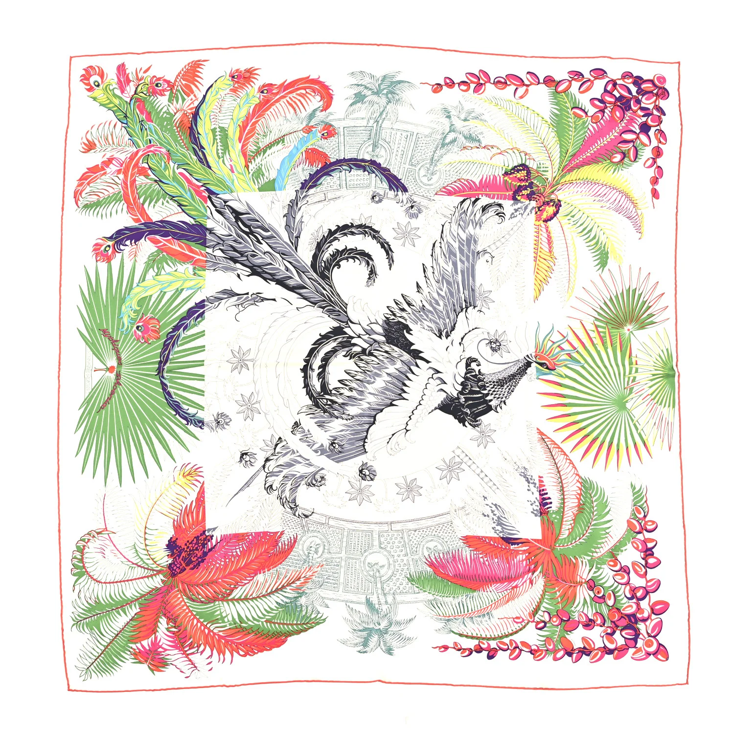 Silk Mythiques Phoenix Coloriage Scarf 90 Blanc Vert Rouge