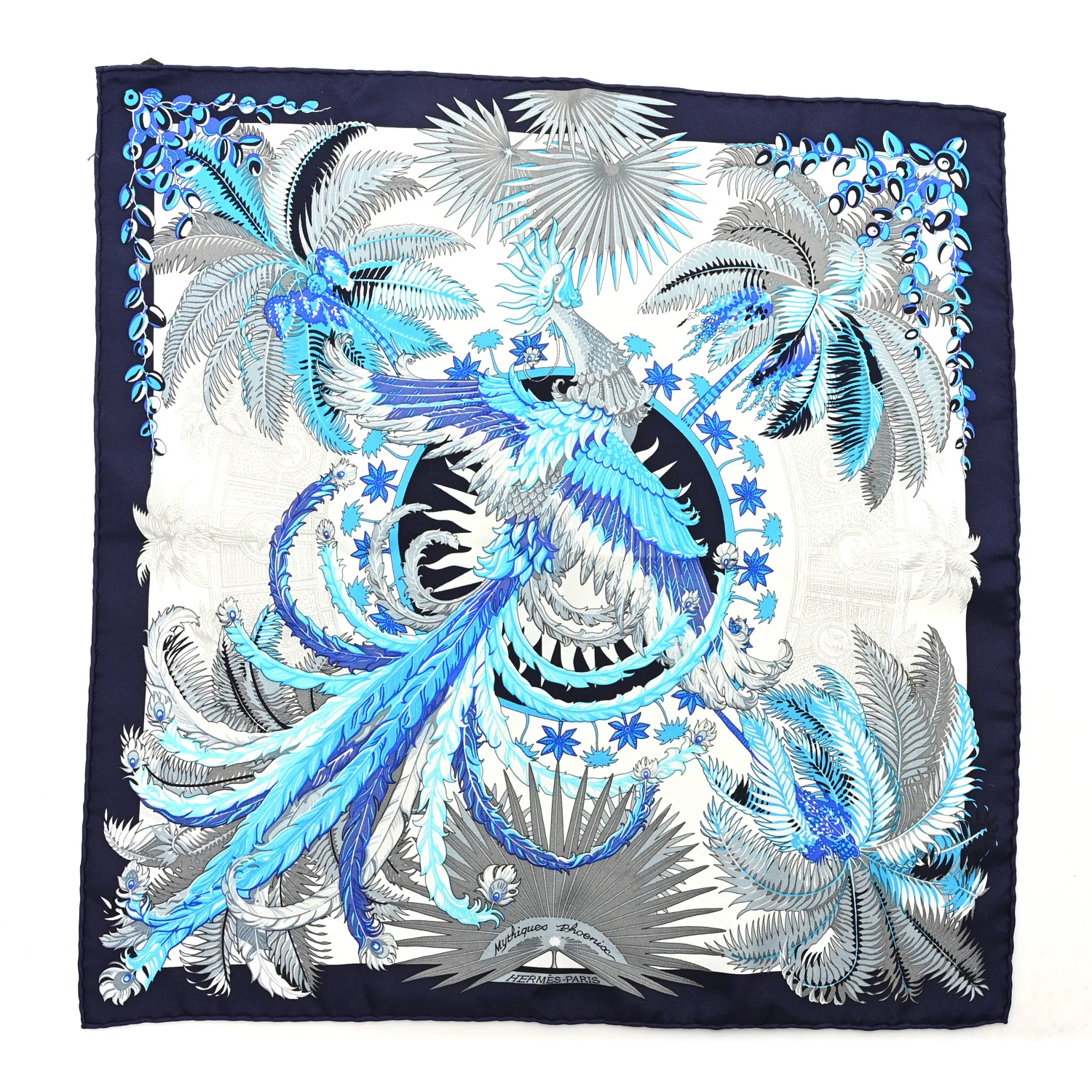 Silk Mythiques Phoenix Scarf 45 White Bleu Turquoise