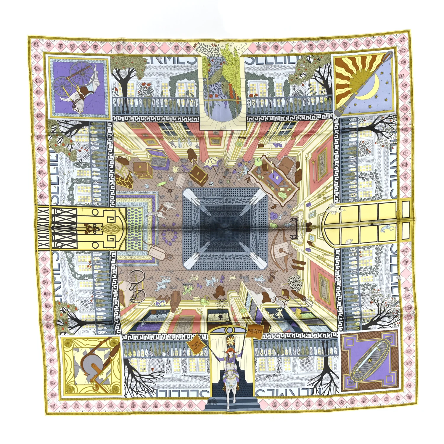 Silk Objets de Curiosite Scarf 90 Bleu Gris Jaune Soufre Rose