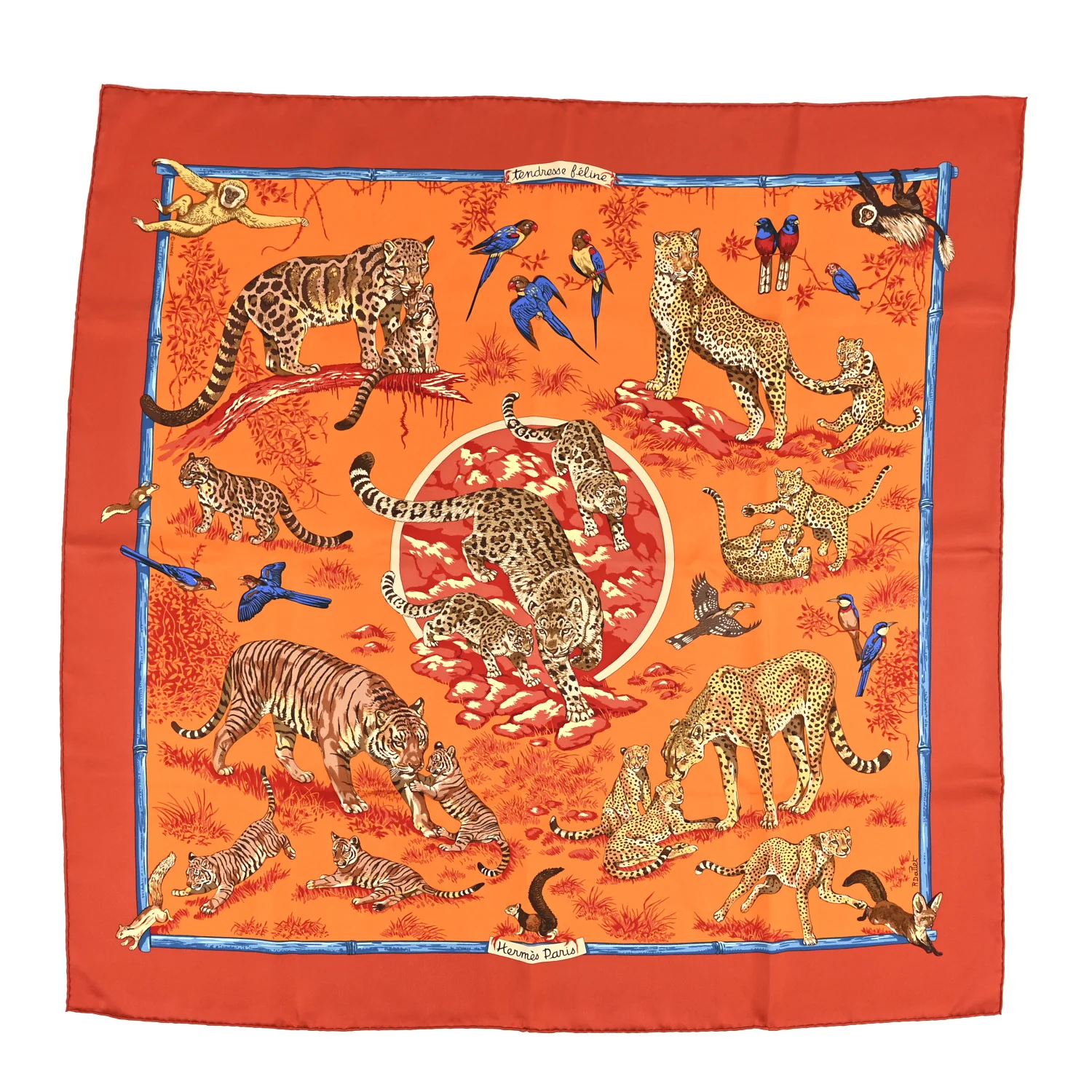 Silk Tendresse Feline Scarf 90 Brique Orange Bleu