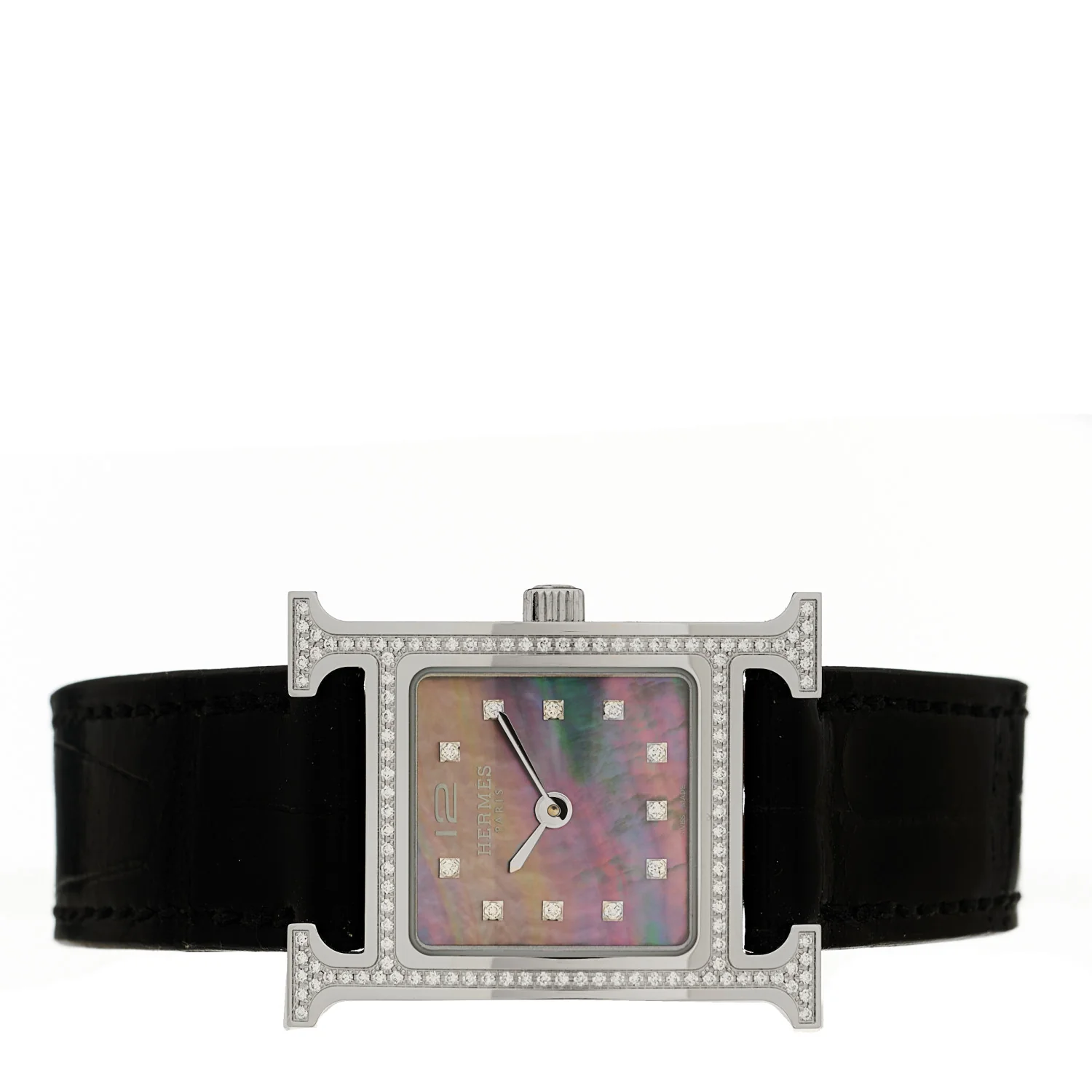 Stainless Steel Alligator Diamond Bezel Black Mother of Pearl 17.2mm Heure H Hour Quartz Watch Graphite - Image 2