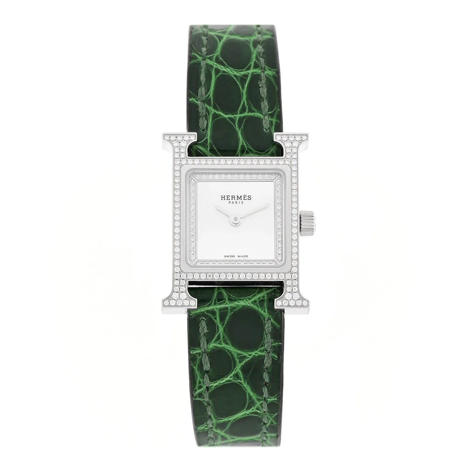 Stainless Steel Alligator Diamond Bezel Mother of Pearl 17.2mm Heure H Hour Quartz Watch Vert Moyen