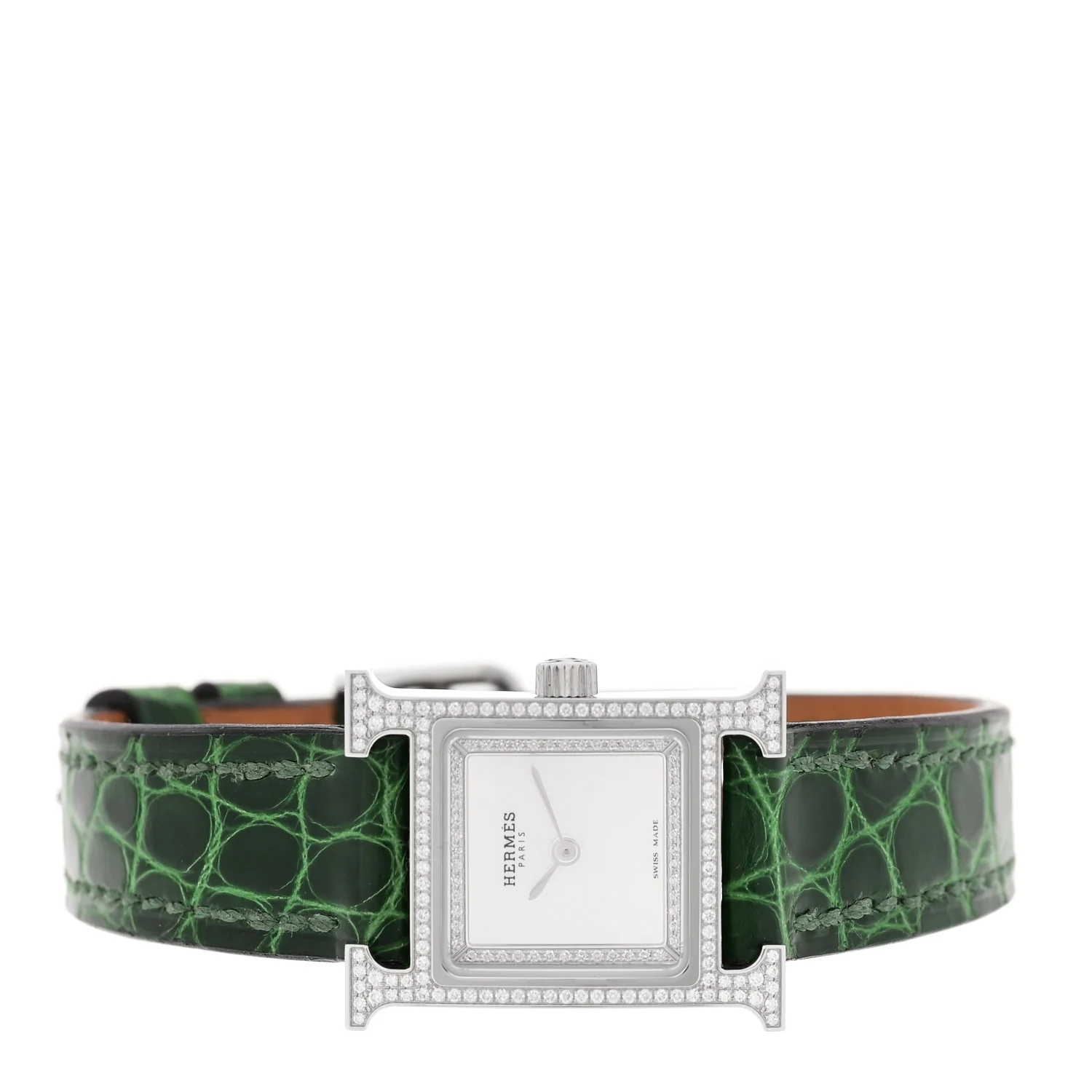 Stainless Steel Alligator Diamond Bezel Mother of Pearl 17.2mm Heure H Hour Quartz Watch Vert Moyen - Image 2