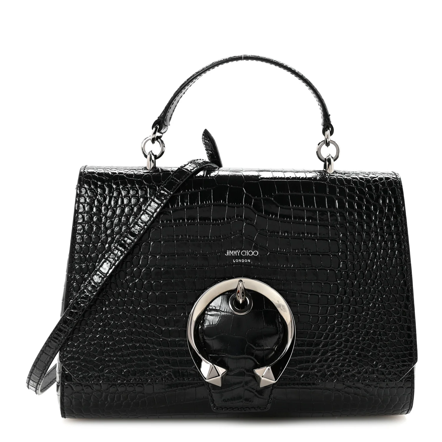 Calfskin Crocodile Embossed Madeline Top Handle Black