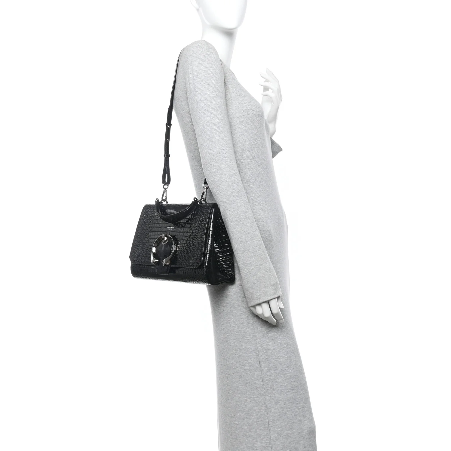 Calfskin Crocodile Embossed Madeline Top Handle Black - Image 2