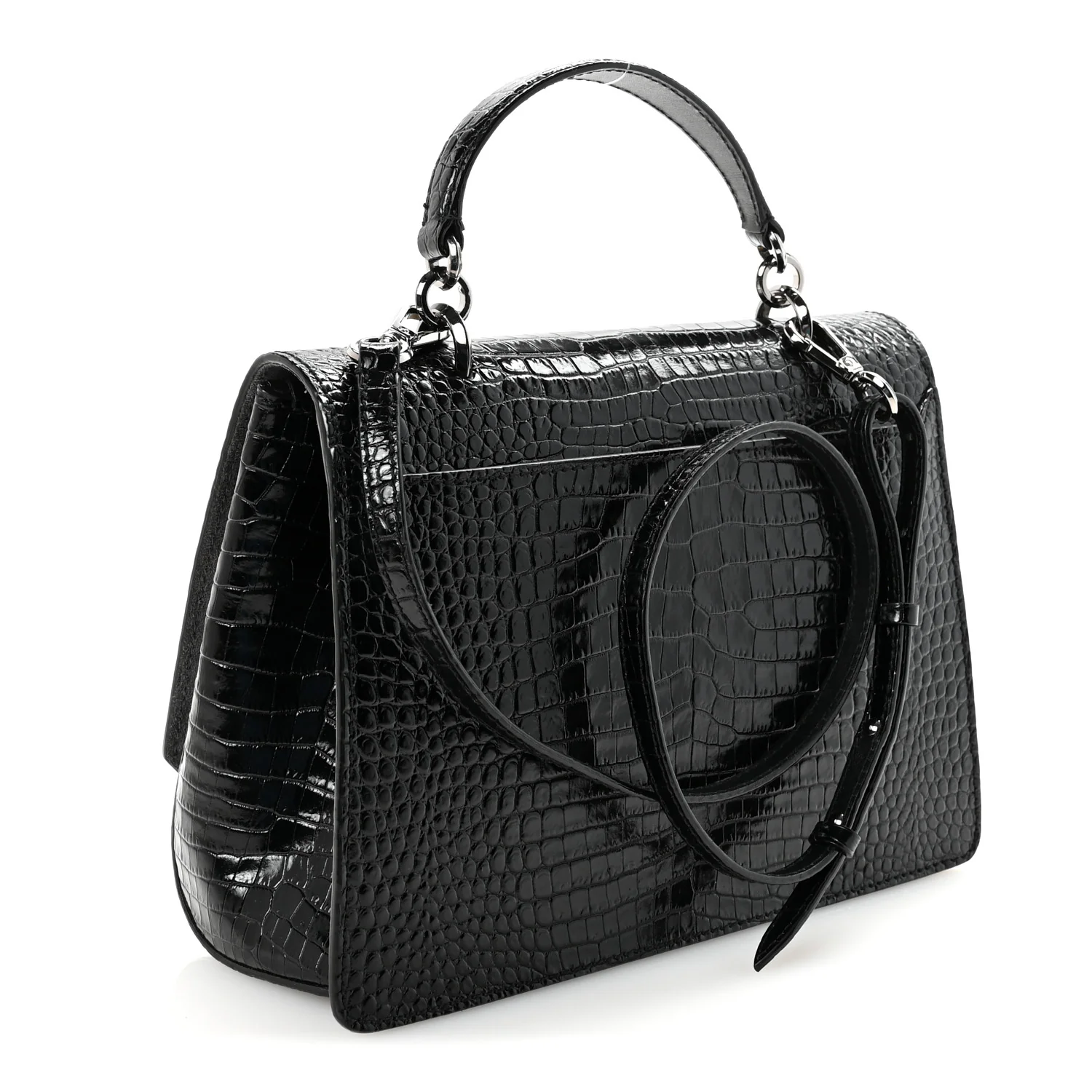 Calfskin Crocodile Embossed Madeline Top Handle Black - Image 3