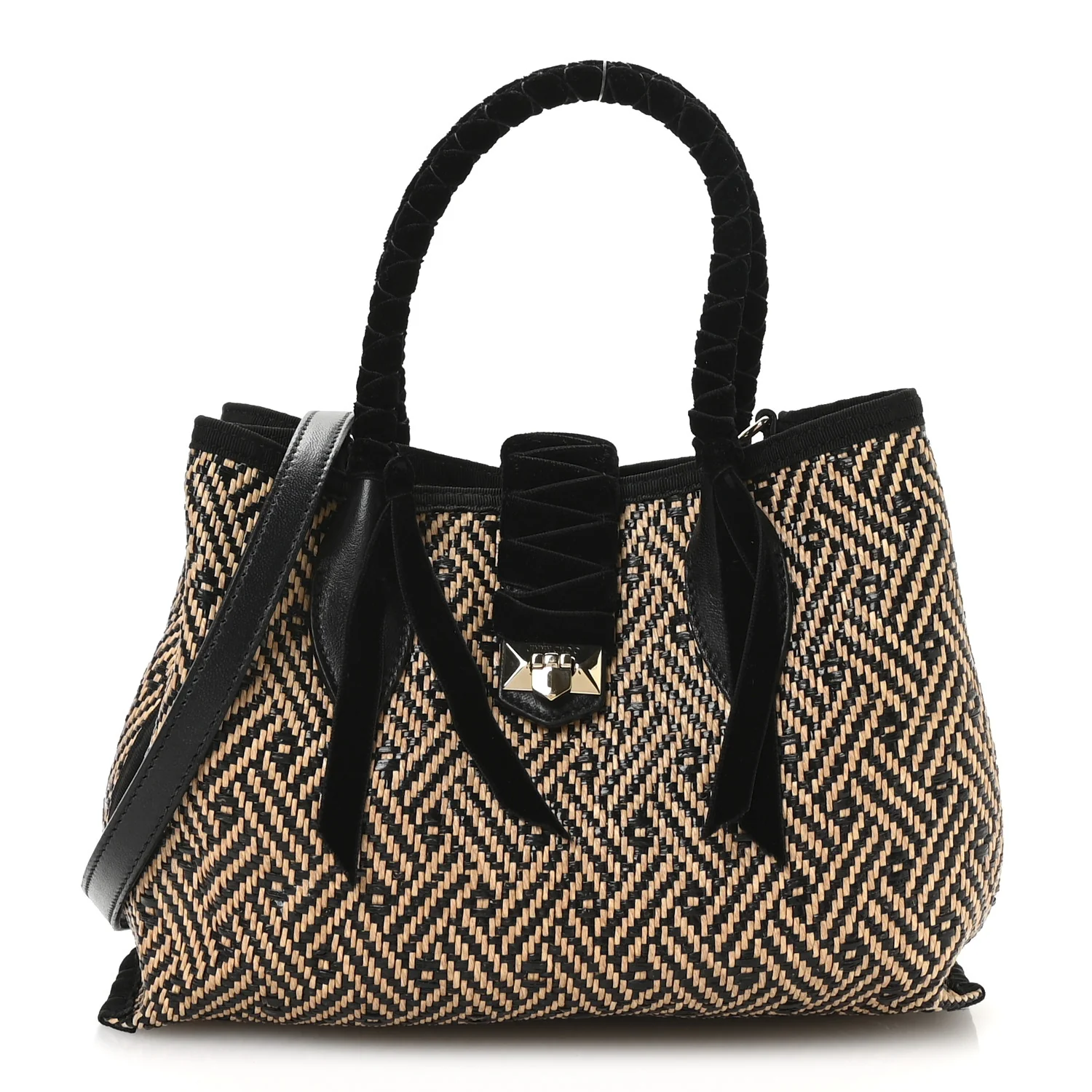Raffia Woven Velvet Marianne Shopper Tote Black Natural