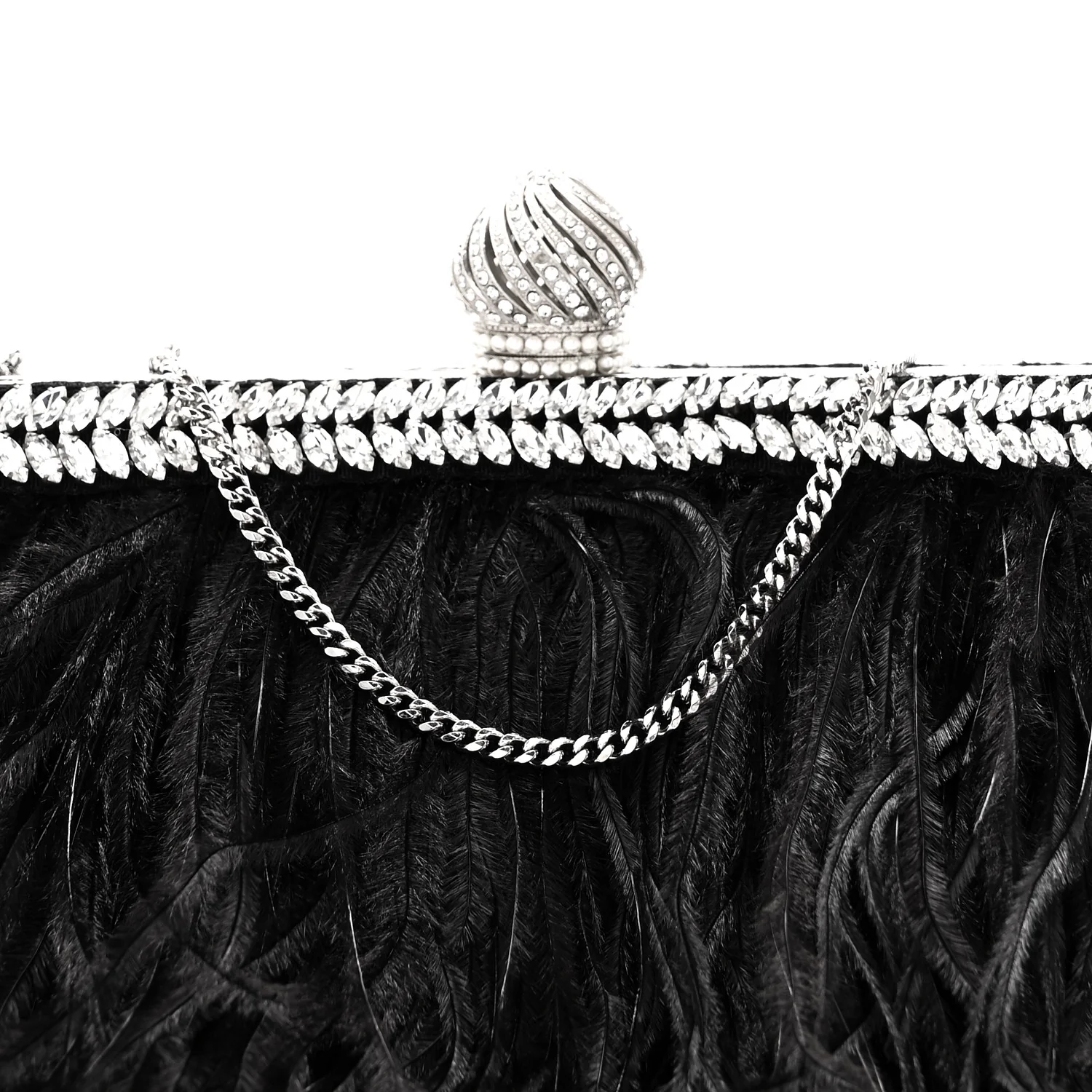 Satin Feather Crystal Embellished Celeste Clutch Black - Image 7
