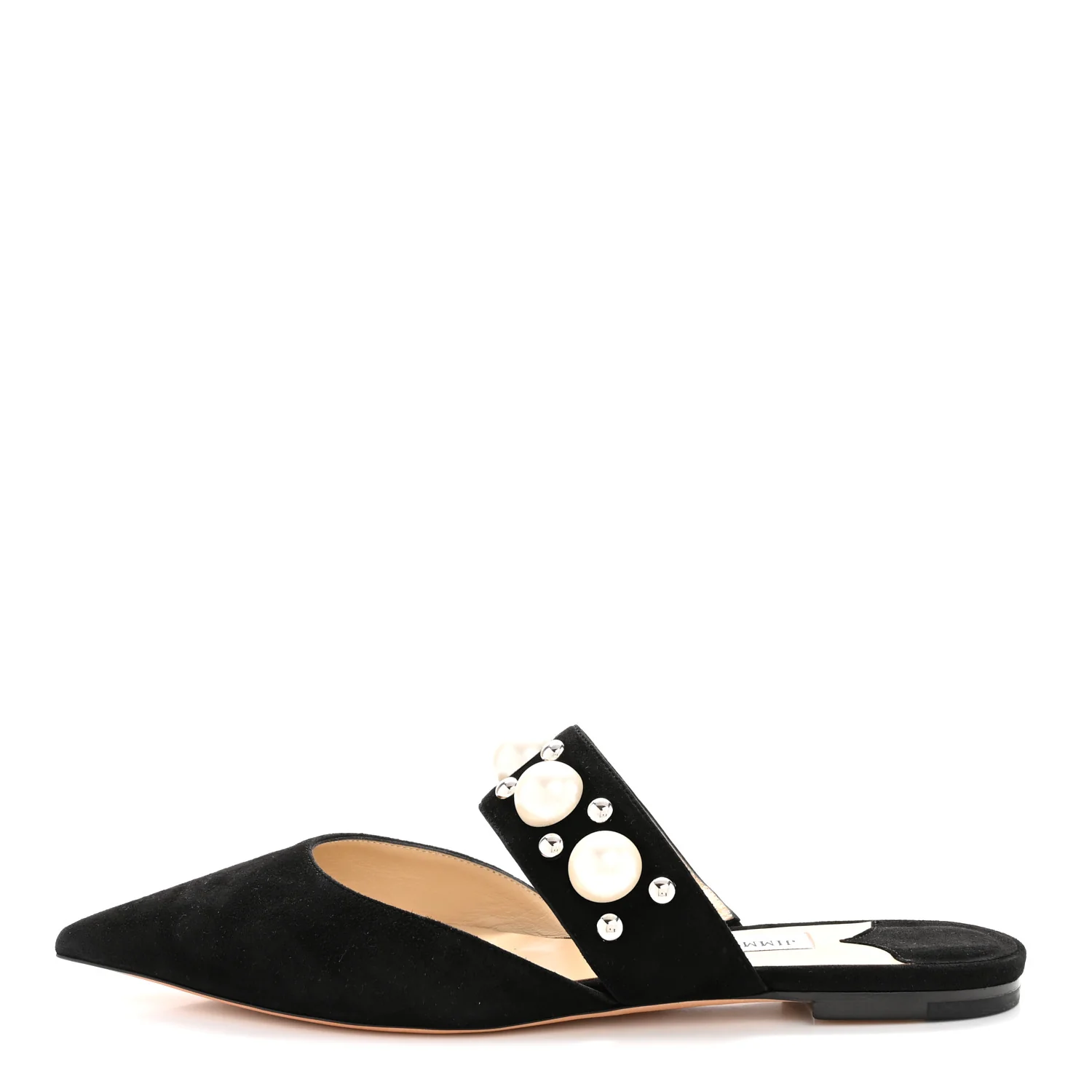 Suede Pearly Stud Embellished Basette Flat Mules 39 Black White