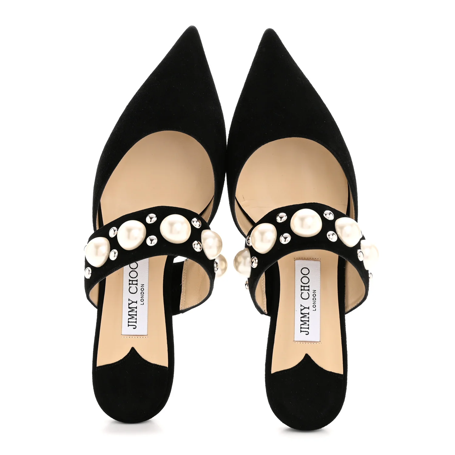 Suede Pearly Stud Embellished Basette Flat Mules 39 Black White - Image 2