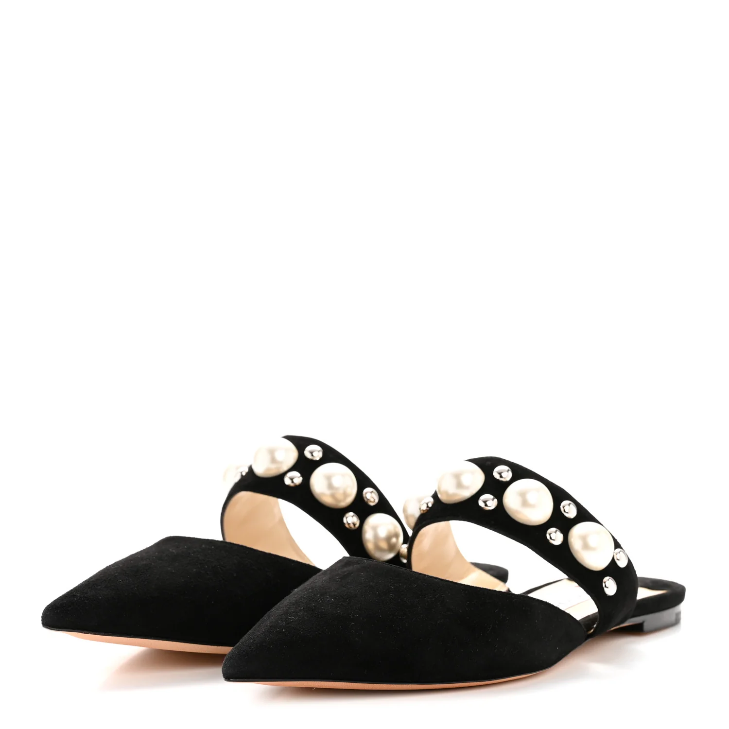 Suede Pearly Stud Embellished Basette Flat Mules 39 Black White - Image 4