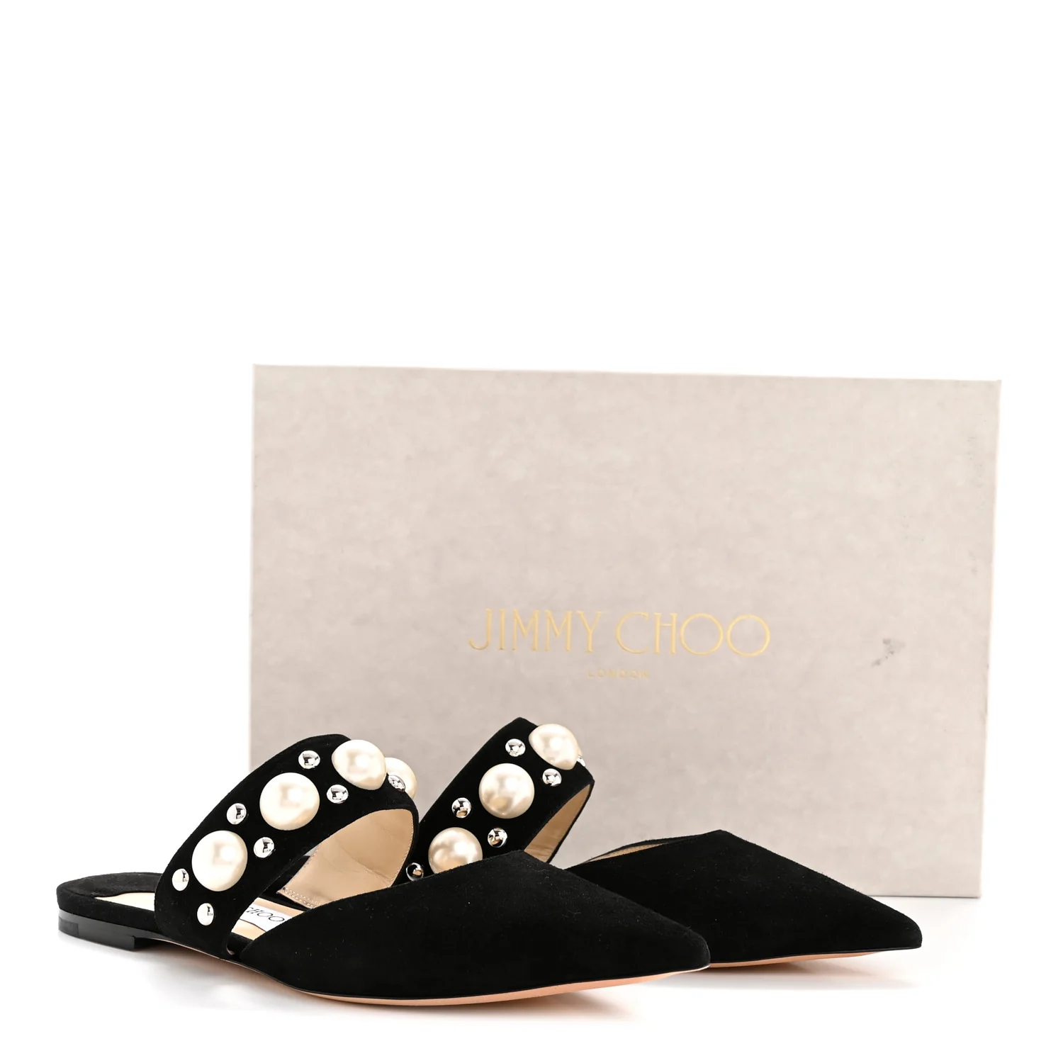Suede Pearly Stud Embellished Basette Flat Mules 39 Black White - Image 9