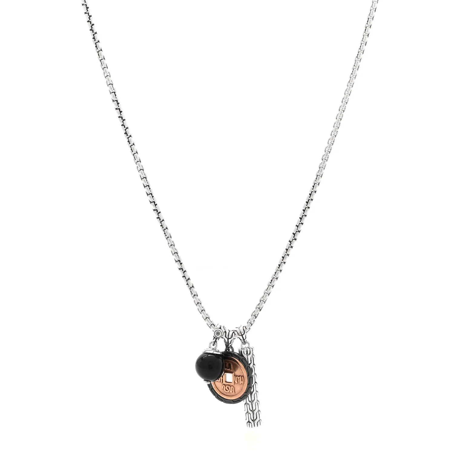 Sterling Silver Bronze Black Onyx Classic Chain 3 Charm Necklace