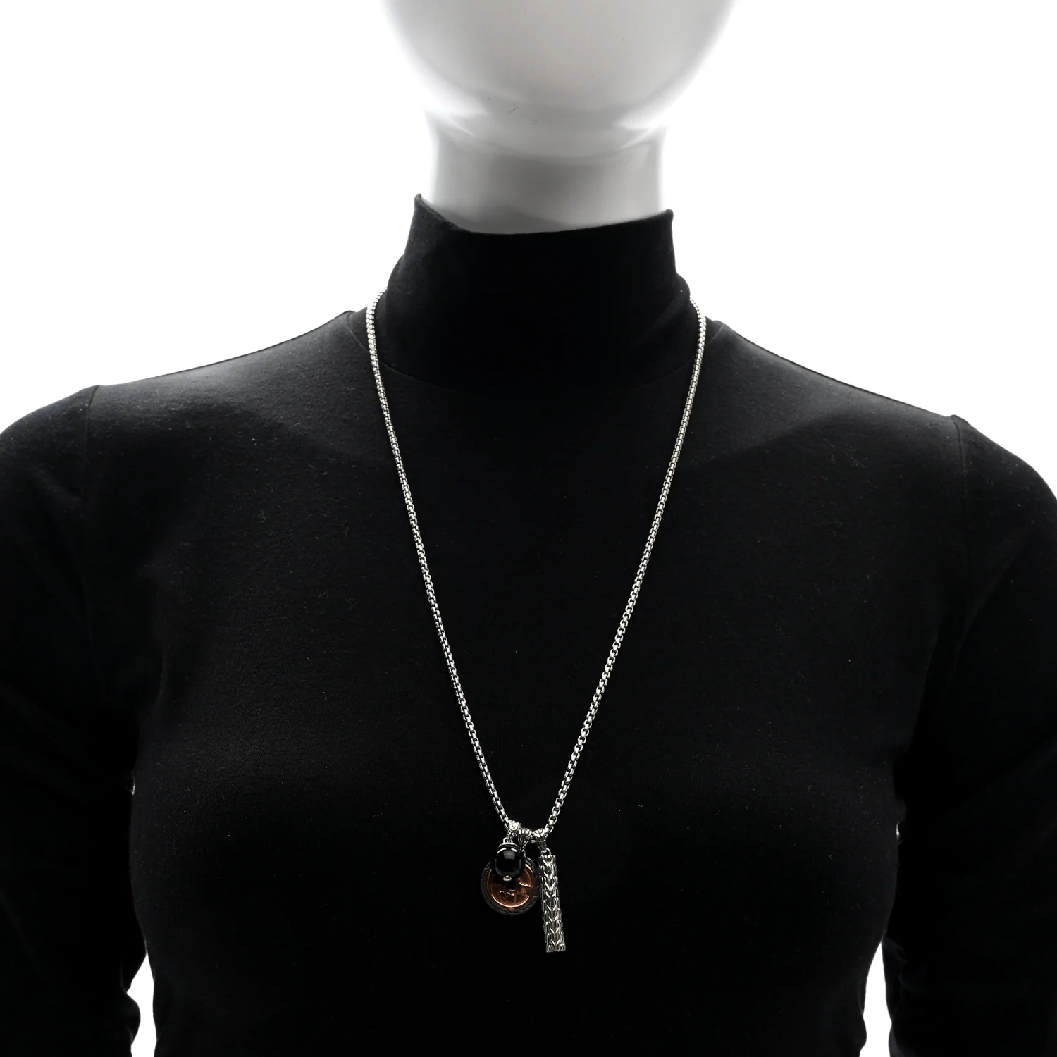 Sterling Silver Bronze Black Onyx Classic Chain 3 Charm Necklace - Image 2