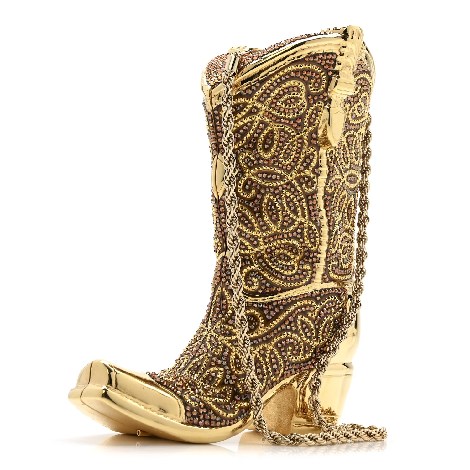 Swarovski Crystal Cowboy Boot Austin Minaudiere Clutch Gold Brown - Image 3
