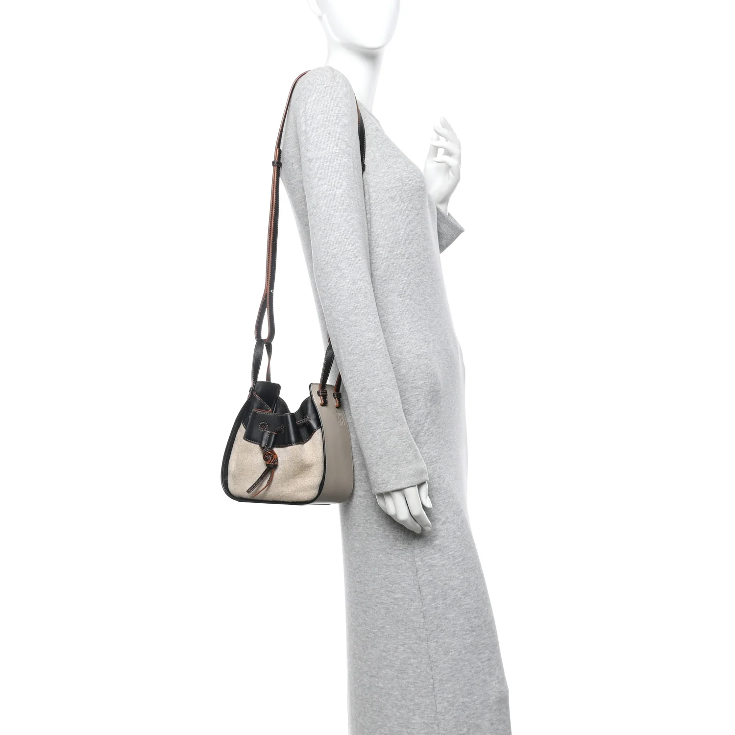 Calfskin Linen Mini Hammock Shoulder Bag Light Oat Black - Image 2