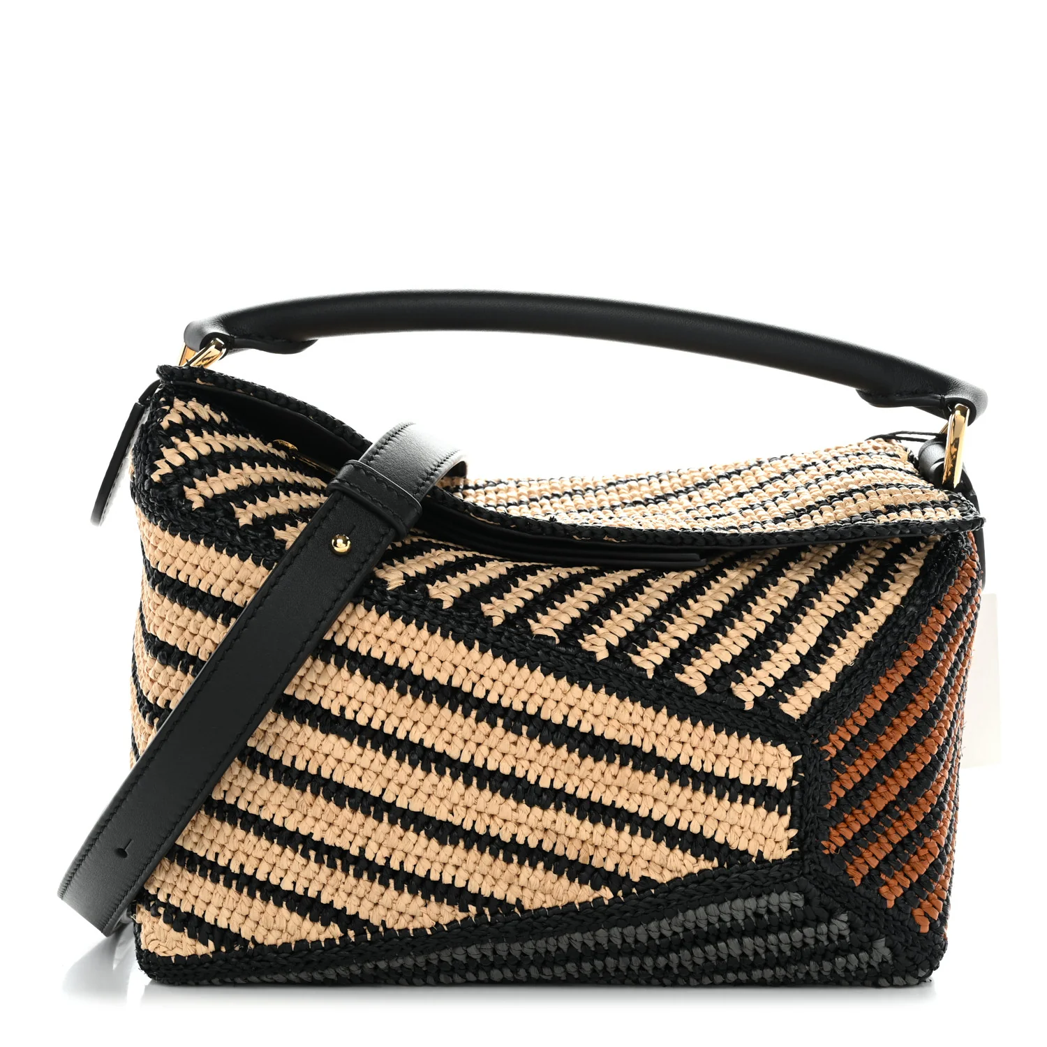 Calfskin Raffia Small Puzzle Edge Bag Natural Honey Gold