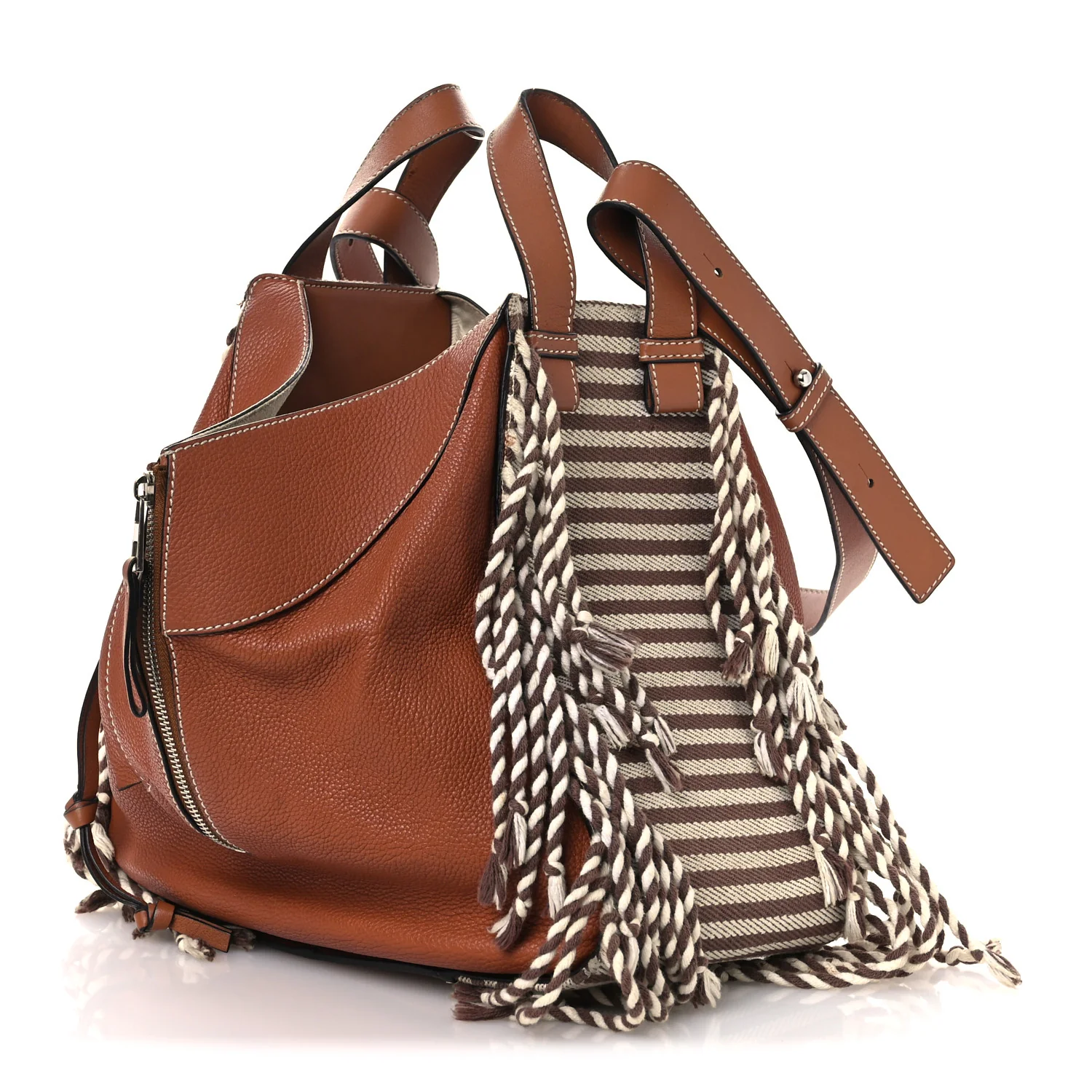 Calfskin Stripe Medium Hammock Shoulder Bag Tan Brown - Image 3