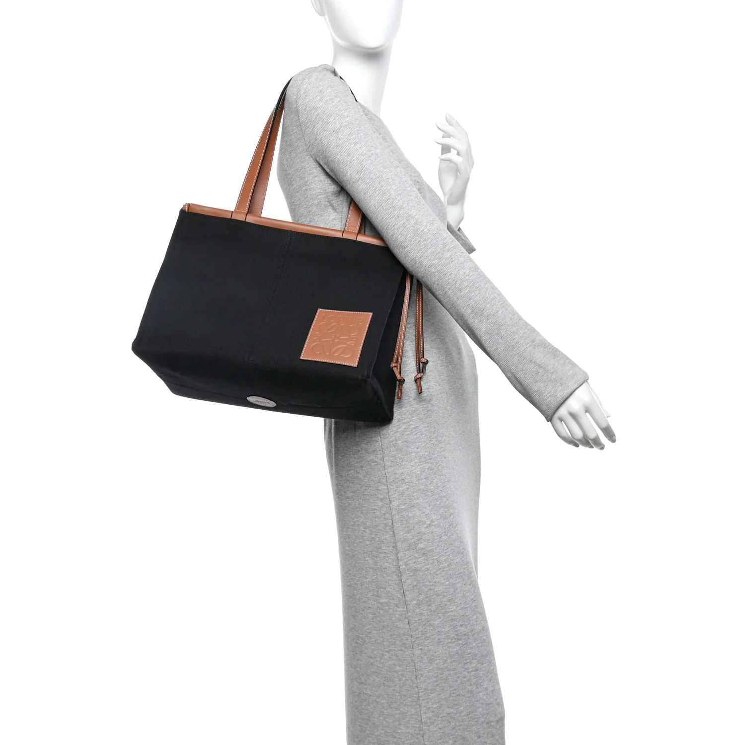 Canvas Calfskin Cushion Tote Black Tan - Image 2