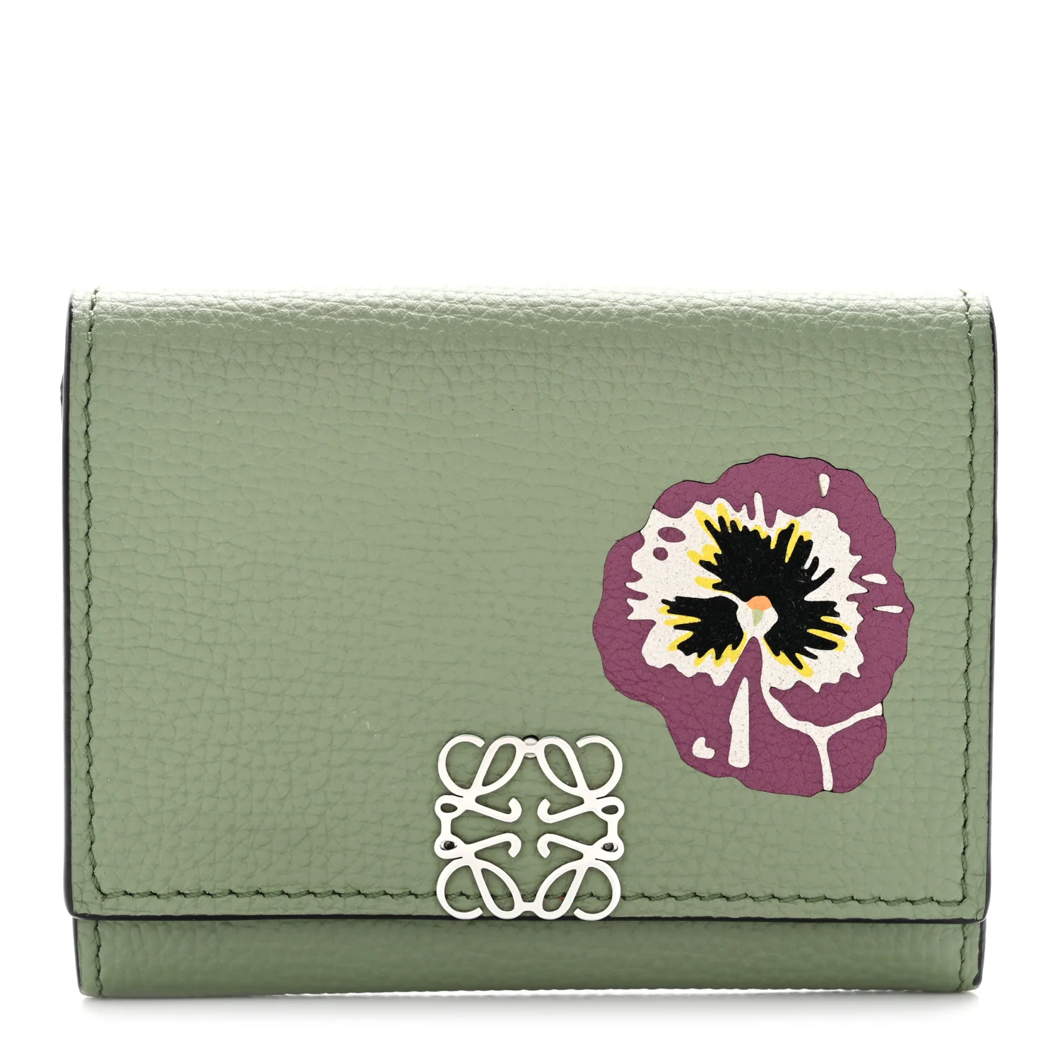 Pebble Grain Calfskin Pansies Print Coin Cardholder Rosemary