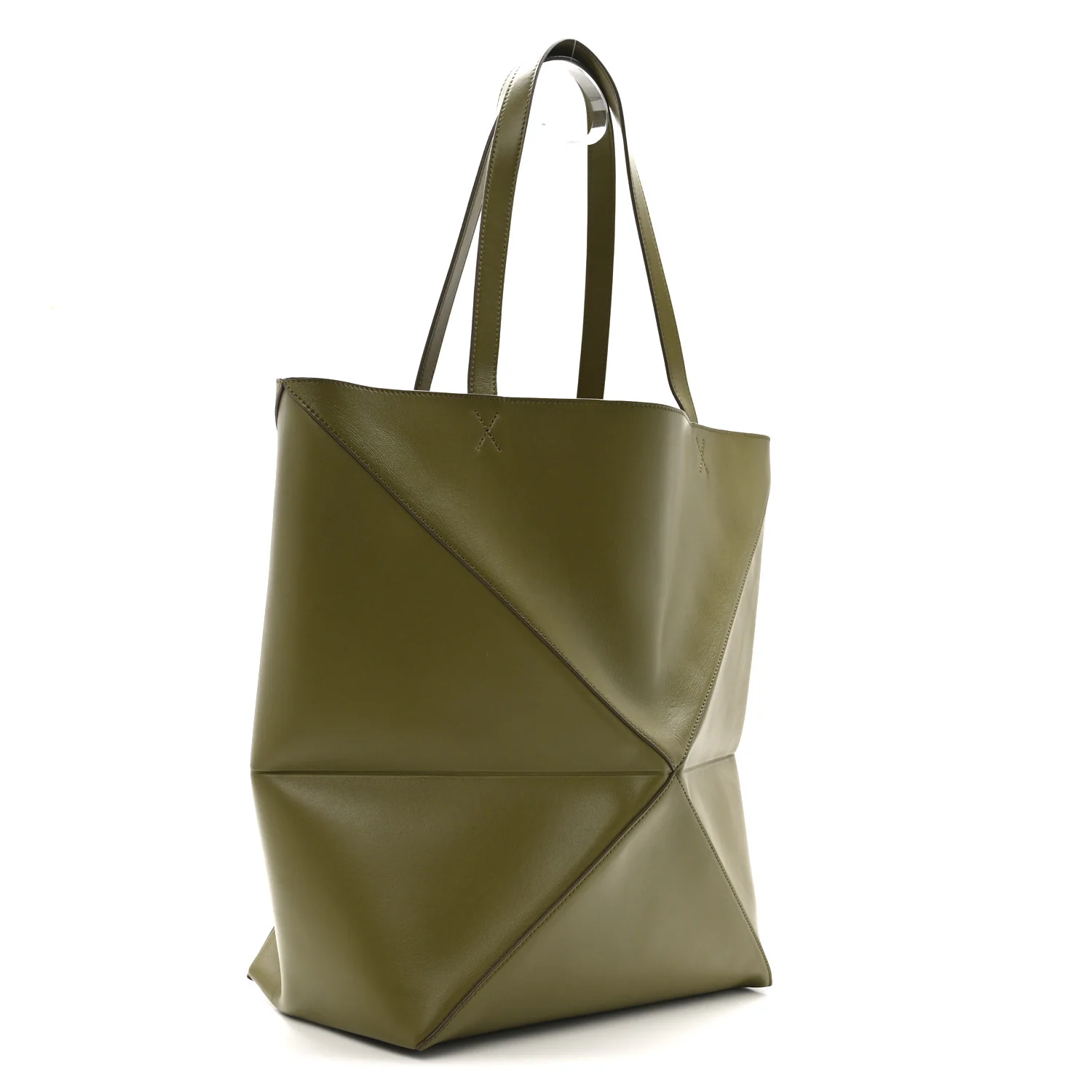 Shiny Calfskin Large Puzzle Fold Tote Dark Khaki Green - Image 3