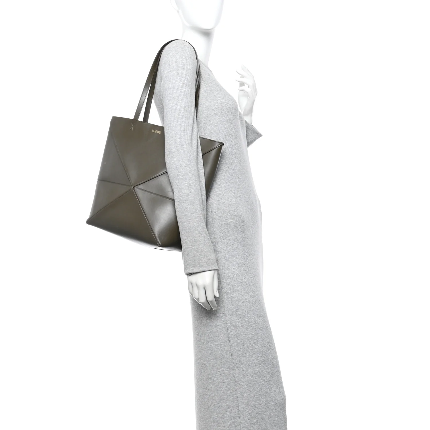 Shiny Calfskin Medium Puzzle Fold Tote Dark Khaki Green - Image 2