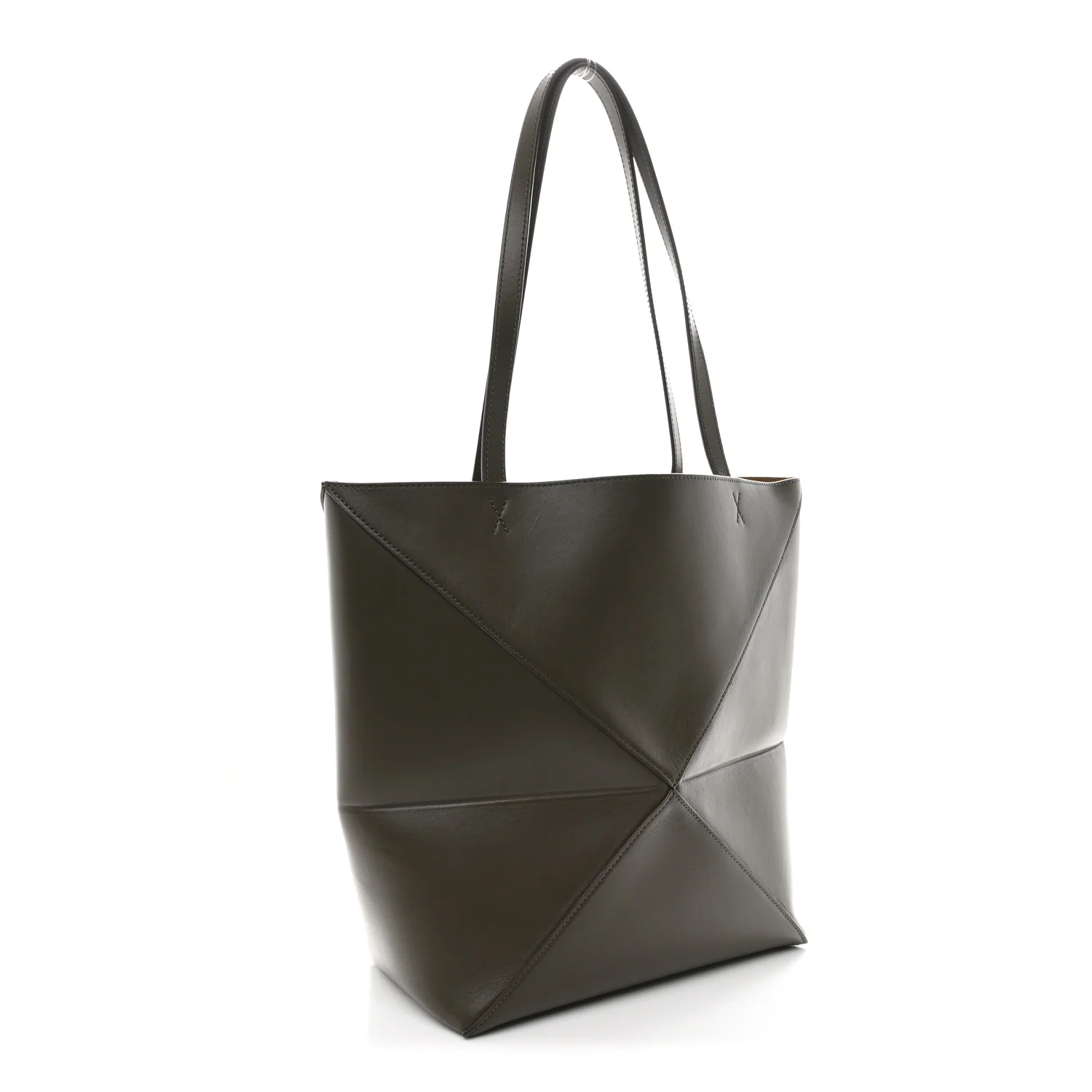 Shiny Calfskin Medium Puzzle Fold Tote Dark Khaki Green - Image 3