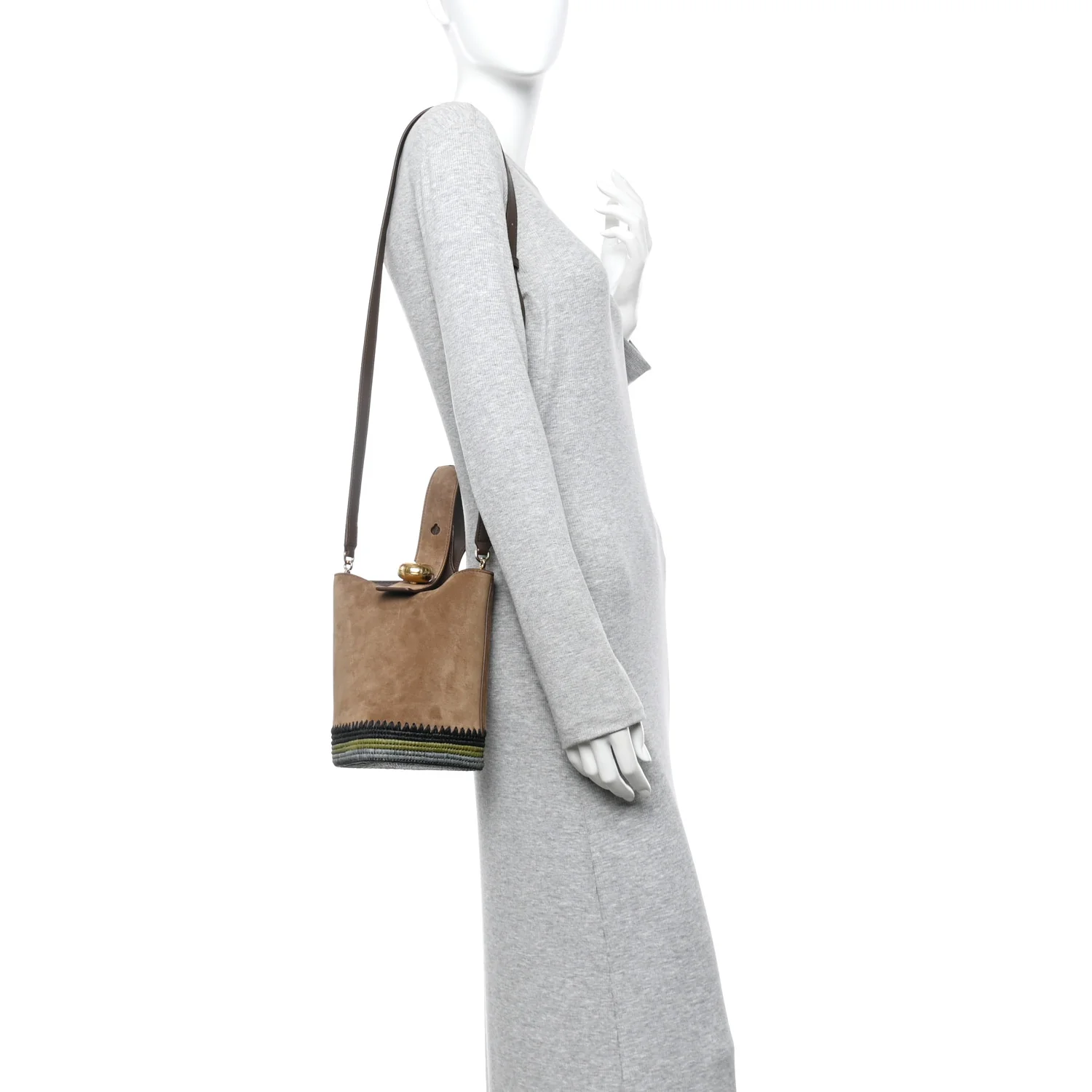 Suede Raffia Striped Mini Pebble Bucket Bag Brown - Image 2