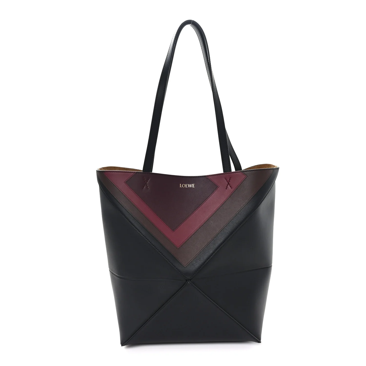 X ALBERS Nappa Calfskin Medium Puzzle Fold Tote Black Burgundy