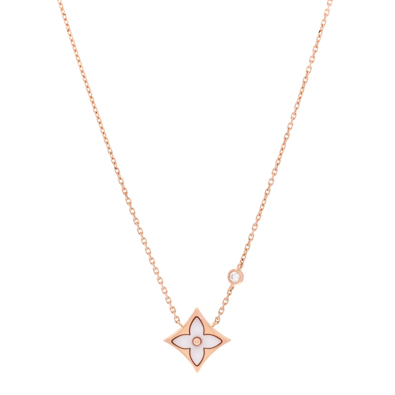 18K Pink Gold Diamond Pink Mother of Pearl Color Blossom BB Star Pendant Necklace