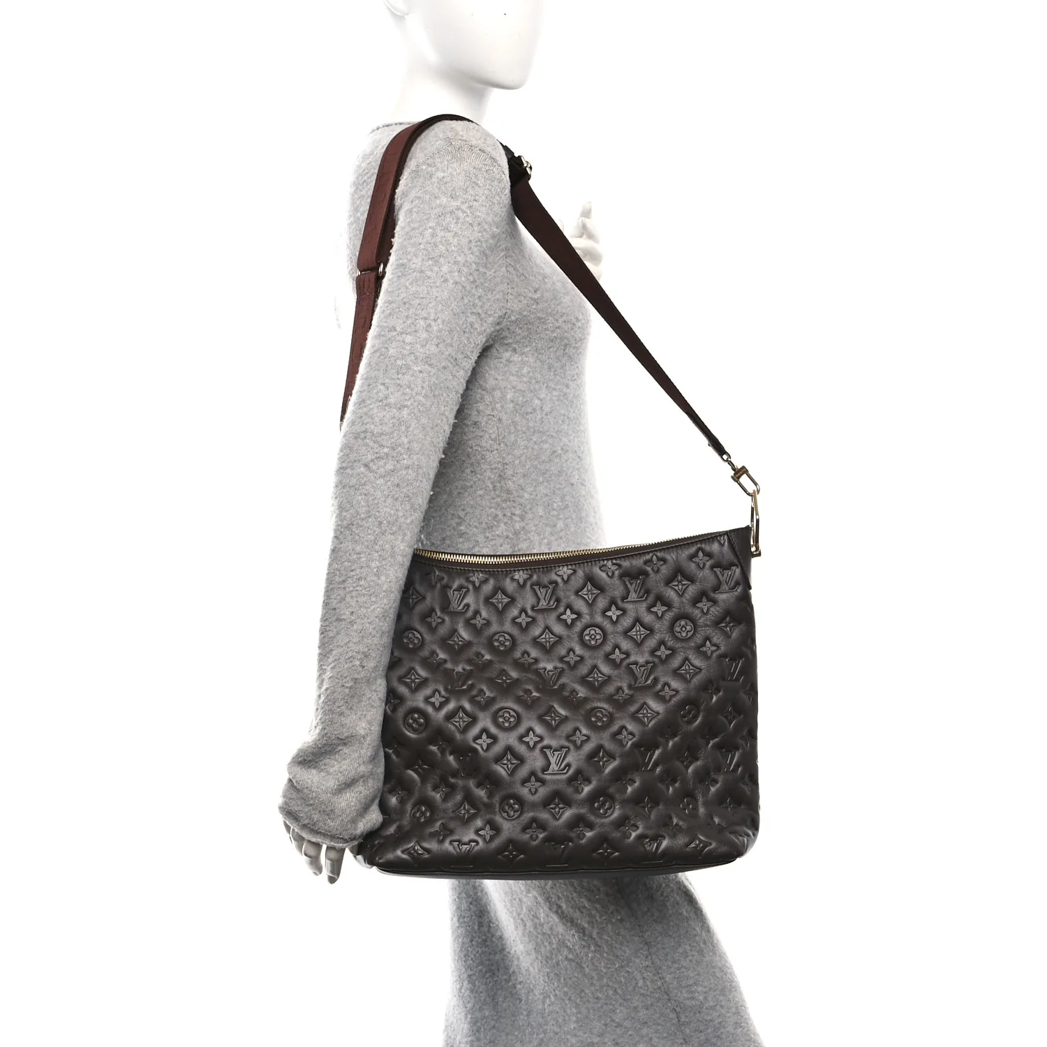 Calfskin Embossed Monogram Coussin Hobo MM Chocolate - Image 2