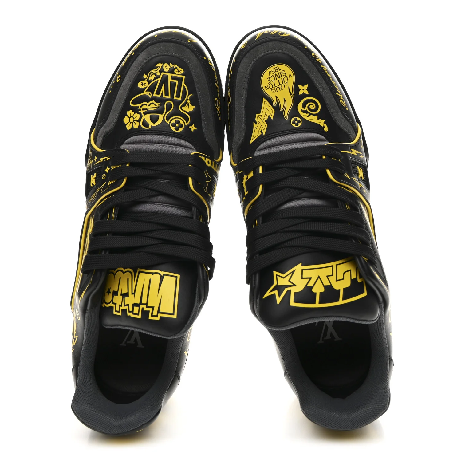 Calfskin Graffiti Mens LV Trainer Sneakers 8 Black Yellow - Image 2