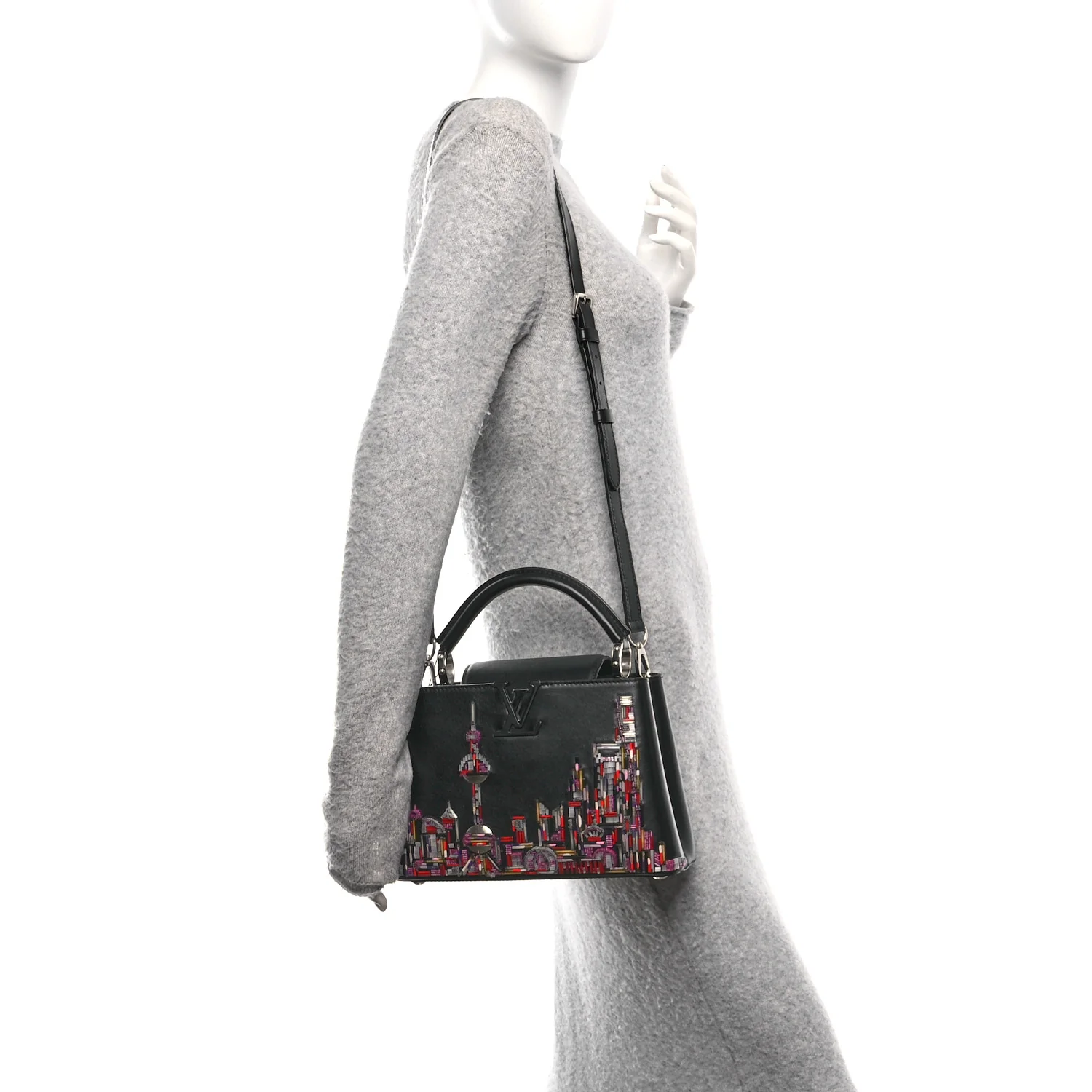 Calfskin Karung Beaded Shanghai Skyline Capucines BB Black - Image 2