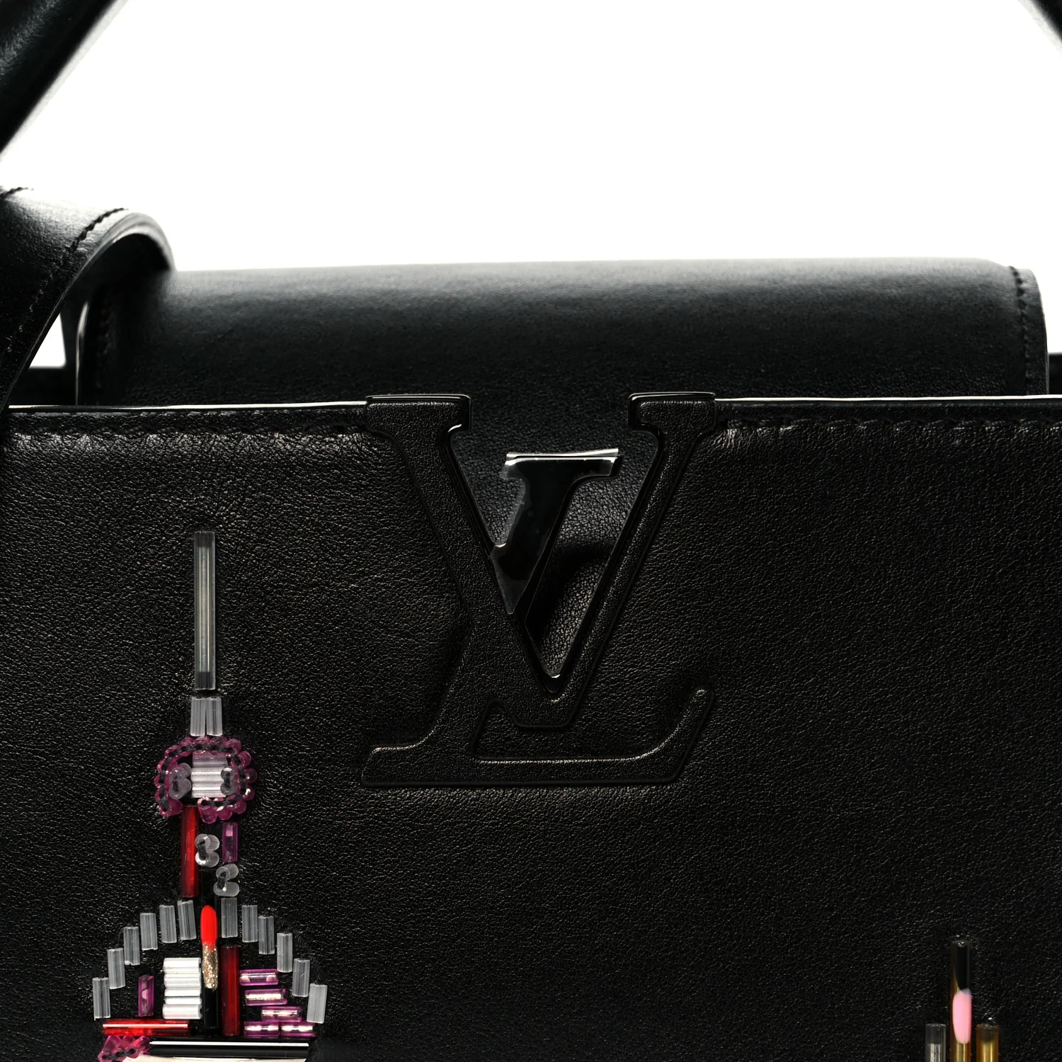 Calfskin Karung Beaded Shanghai Skyline Capucines BB Black - Image 8