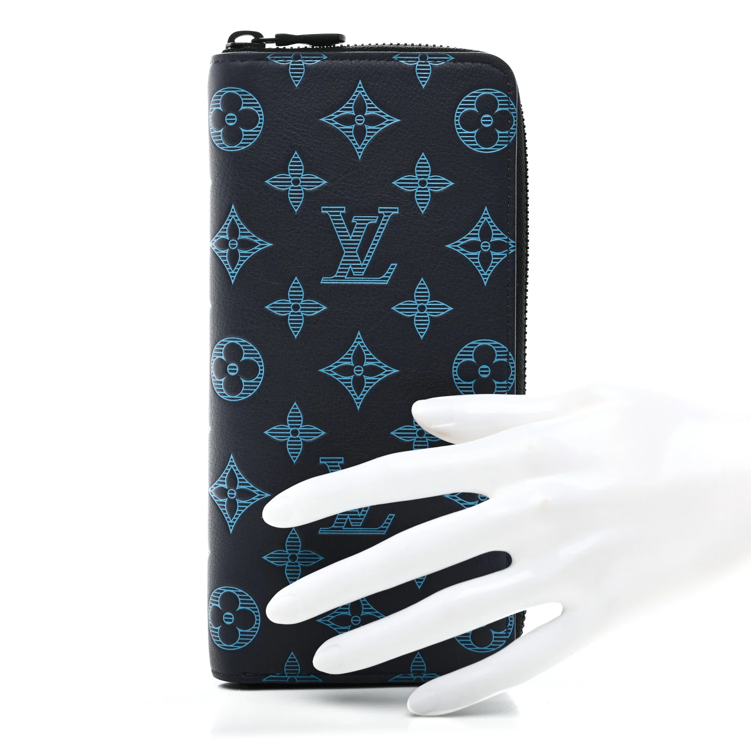 Calfskin Monogram Shadow Vertical Zippy Wallet Blue - Image 2
