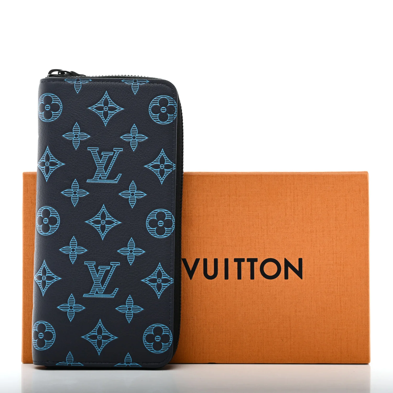 Calfskin Monogram Shadow Vertical Zippy Wallet Blue - Image 7