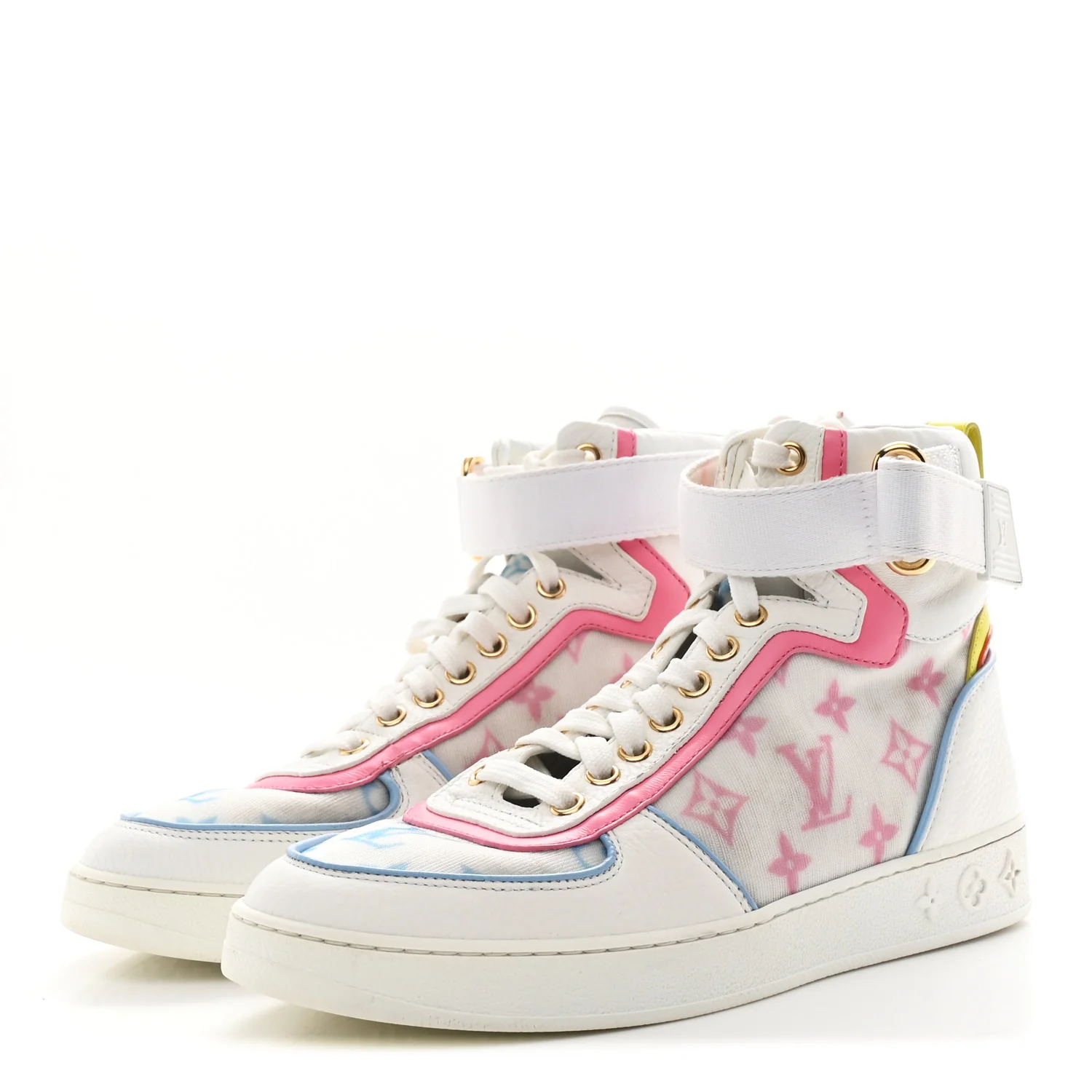 Calfskin Nylon Mesh Monogram Womens Boombox High Top Sneakers 37 Bleu Rose - Image 4