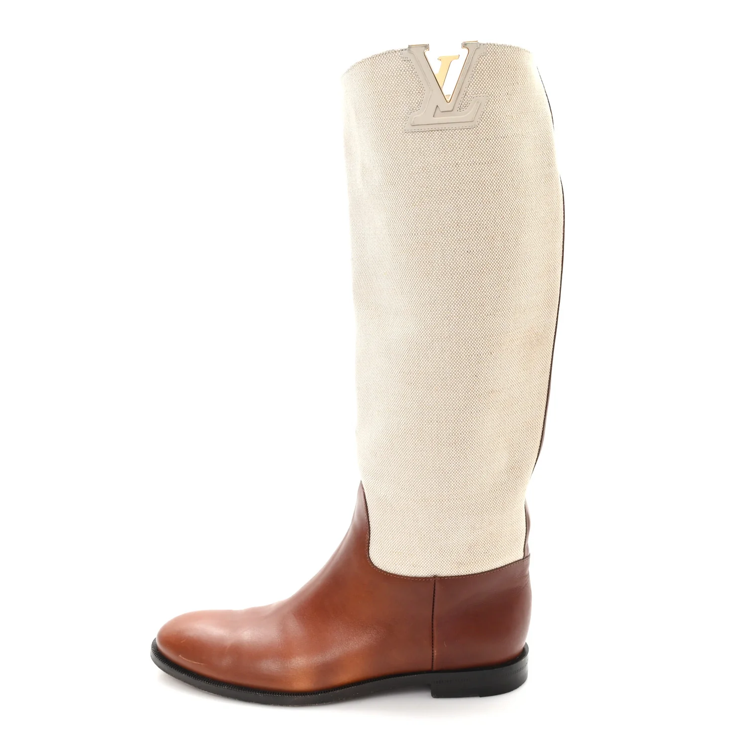 Canvas Calfskin Heritage Flat High Boots 38 Beige Brown